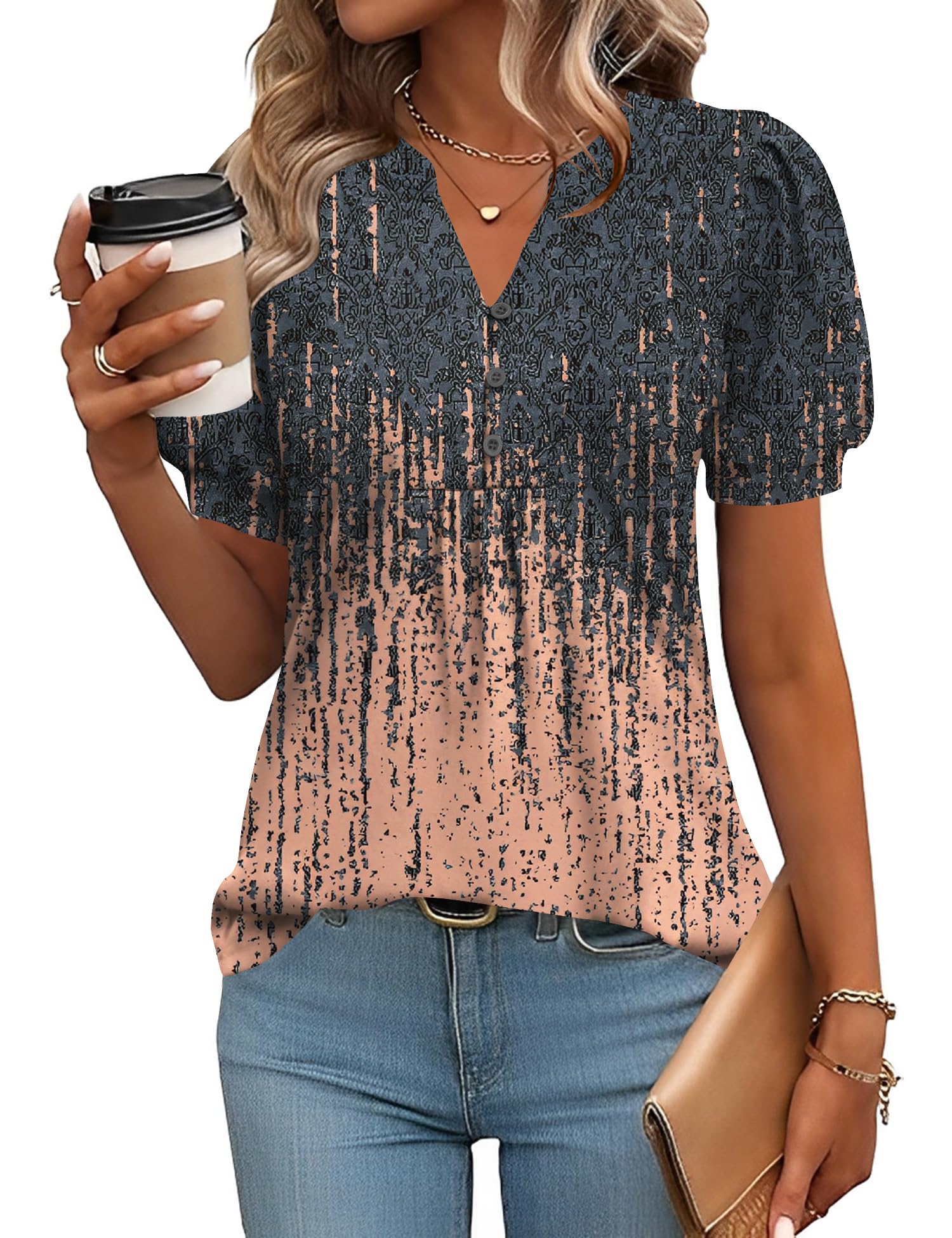 IECCP Womens Tops Puff Short Sleeve Shirts Dressy Casual Henley V-Neck Summer Tops Pleated T-Shirts Loose Fit Tunic Blouses