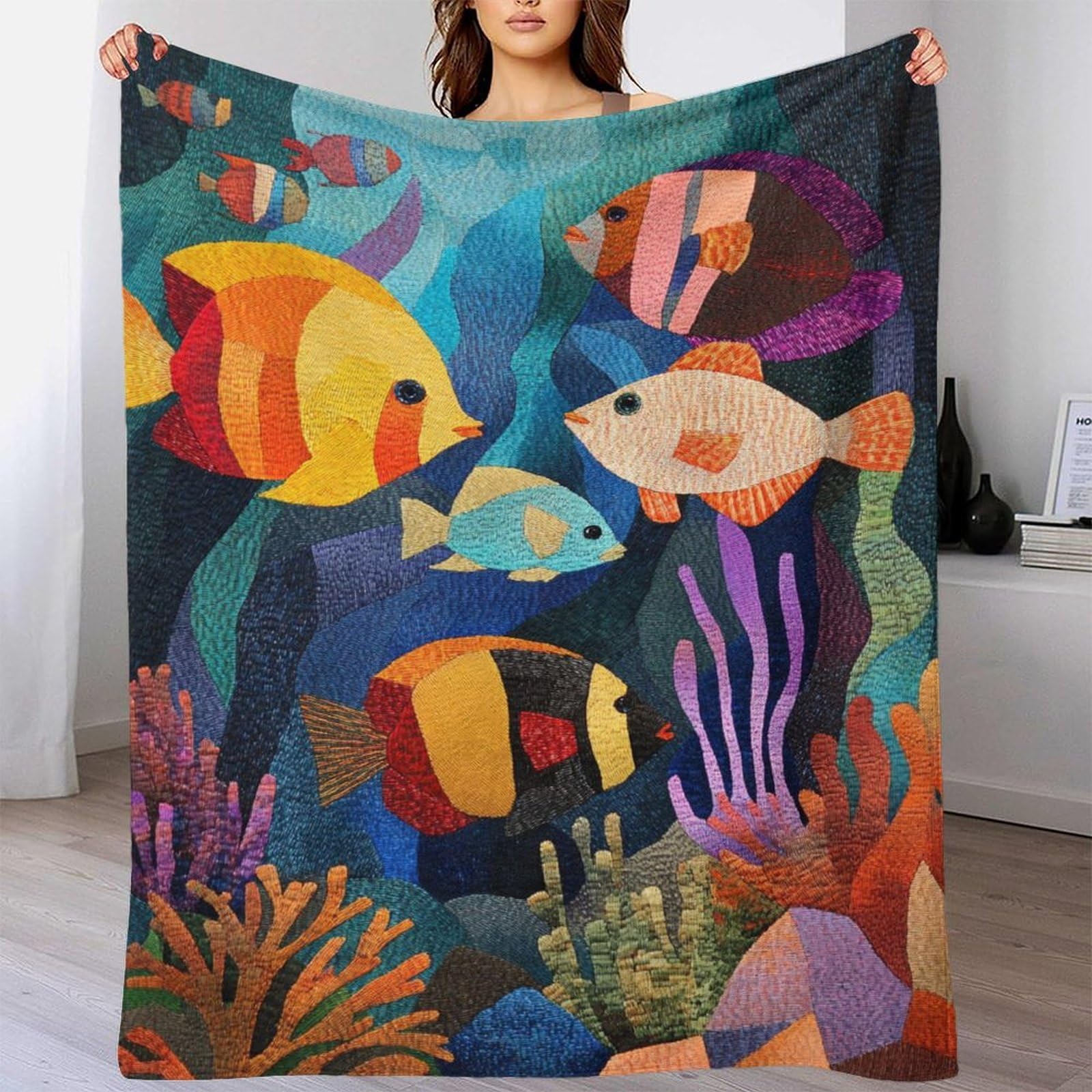 Jeté de lit en flanelle thermique poisson tropical imprimé 3D