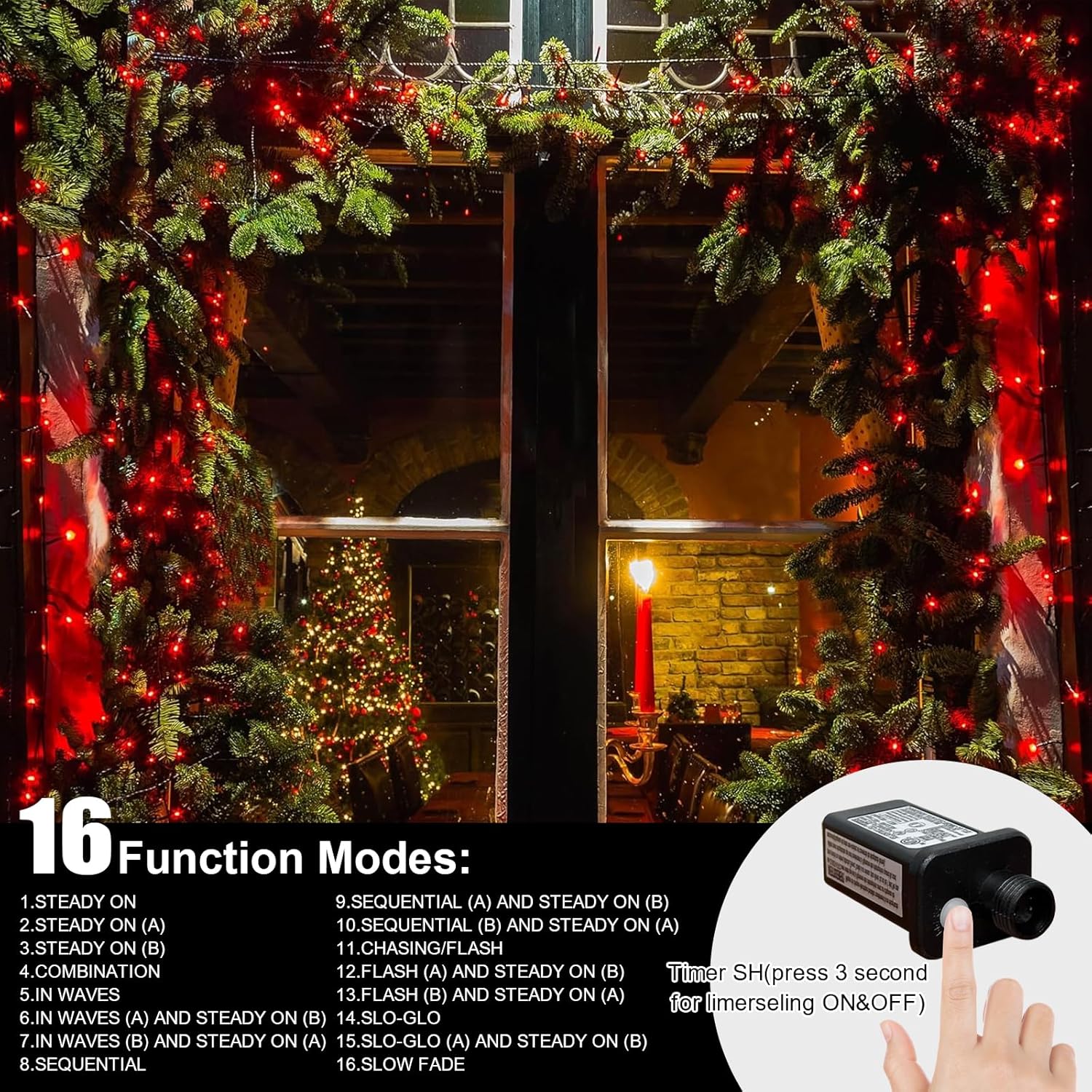 LAMPHOME 165FT 500 LED Red String Lights, 16 Modes Clear Wire Plug in Lights, Waterproof Connectable Twinkle Lights for Outdoor Valentine's Day, Mother's Day, Christmas, Wedding Party Decorations