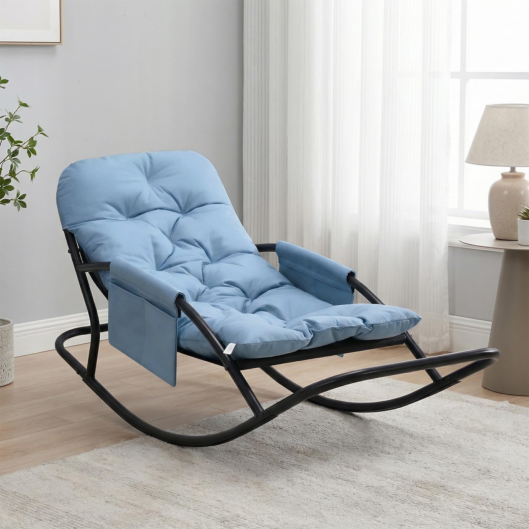 HomeMiYN Rocking Chair with Cushion Metal Legs Lounge Chair Reading Chairs Recliner Armchair for Living Room Patio Balcony Garden Blue