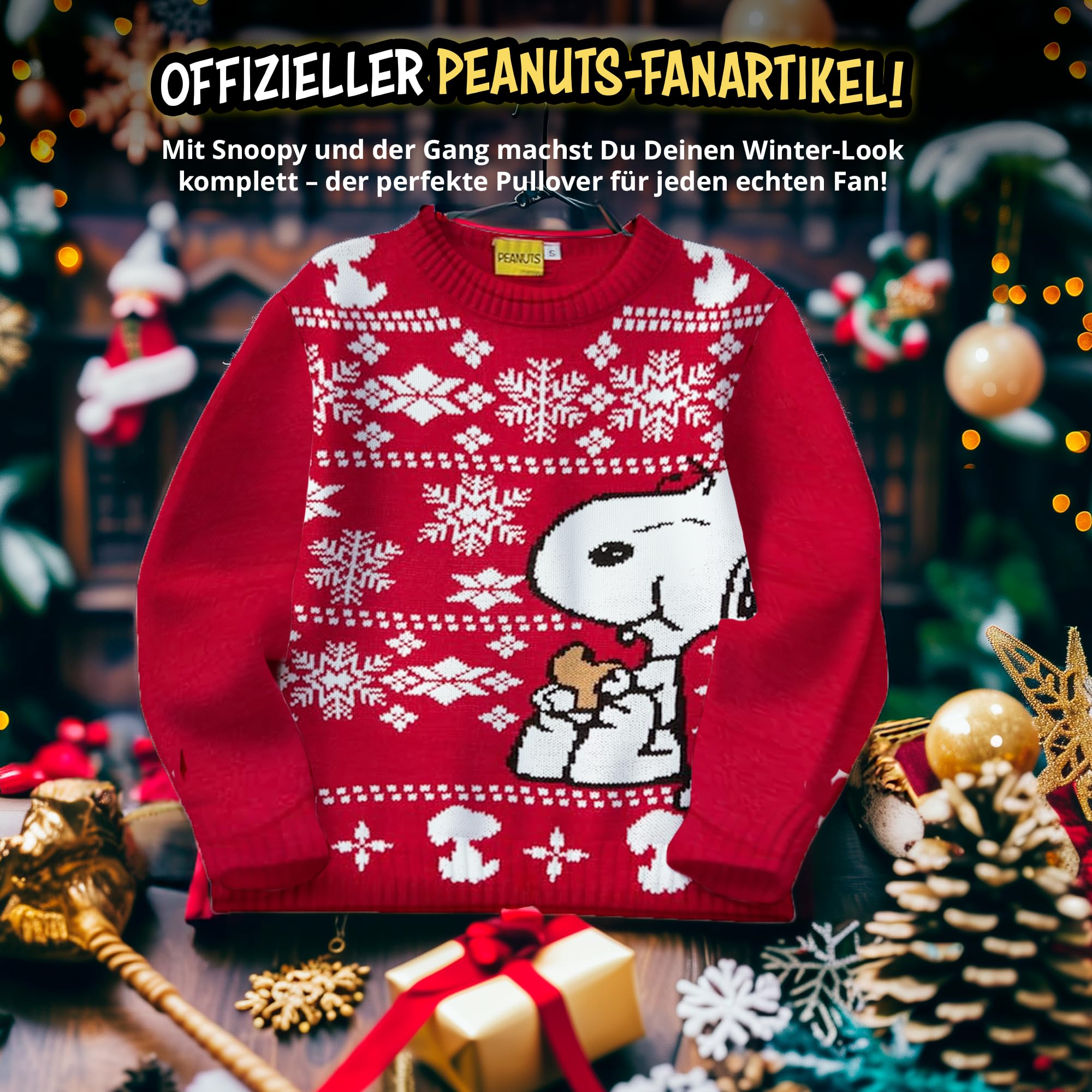 The Peanuts Jersey de Invierno Unisex – Snoopy Winter Strick Jersey Sudadera Ugly Sweater para Hombre y Mujer, Rojo