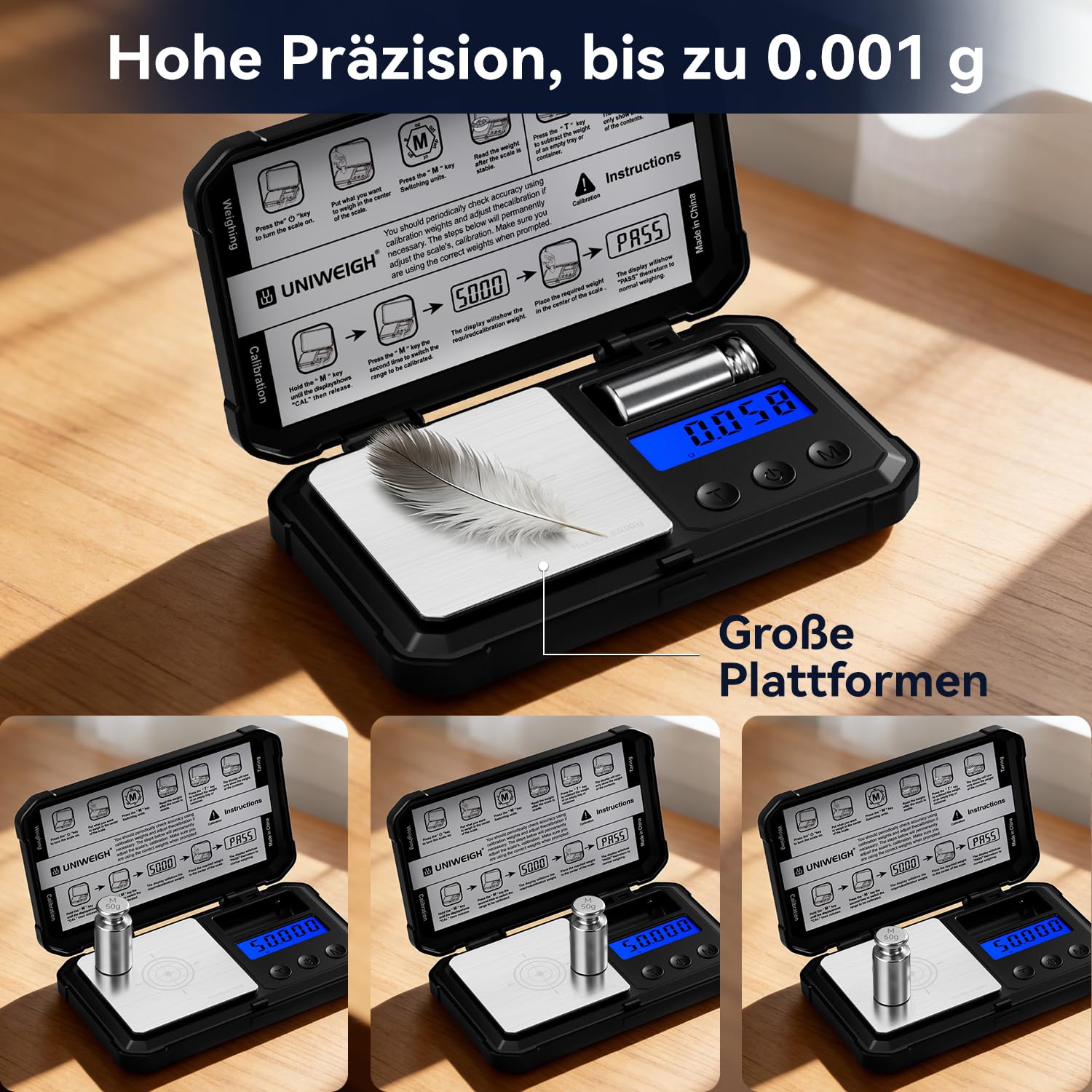 UNIWEIGH Milligramm-Waage 50g/0.001g Hochpräzise, Digitale Schmuckwaage Mit LCD/Tara, 6 Einheiten, Mikro-Gramm für Pulver, Medizin, Münze, Gold, Reloading - Inkl. Cal Weight, Batterien