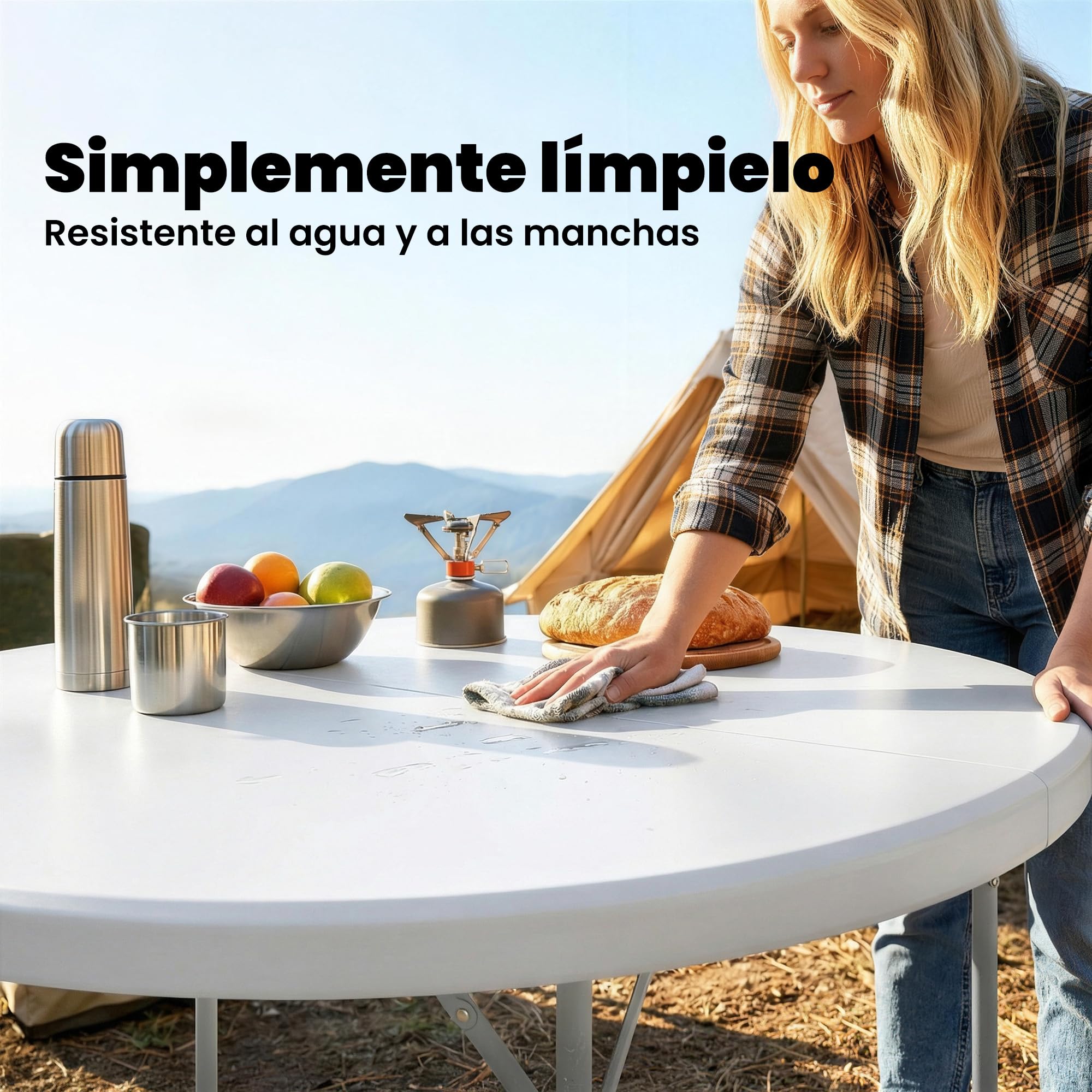 Outsunny Mesa Plegable Camping, 120x120x74 cm, Mesa Plegable Portátil Ligera con Encimera de HDPE, Almohadillas Antideslizantes, Marco Metálico, para Acampar, Senderismo, Playa, Blanco