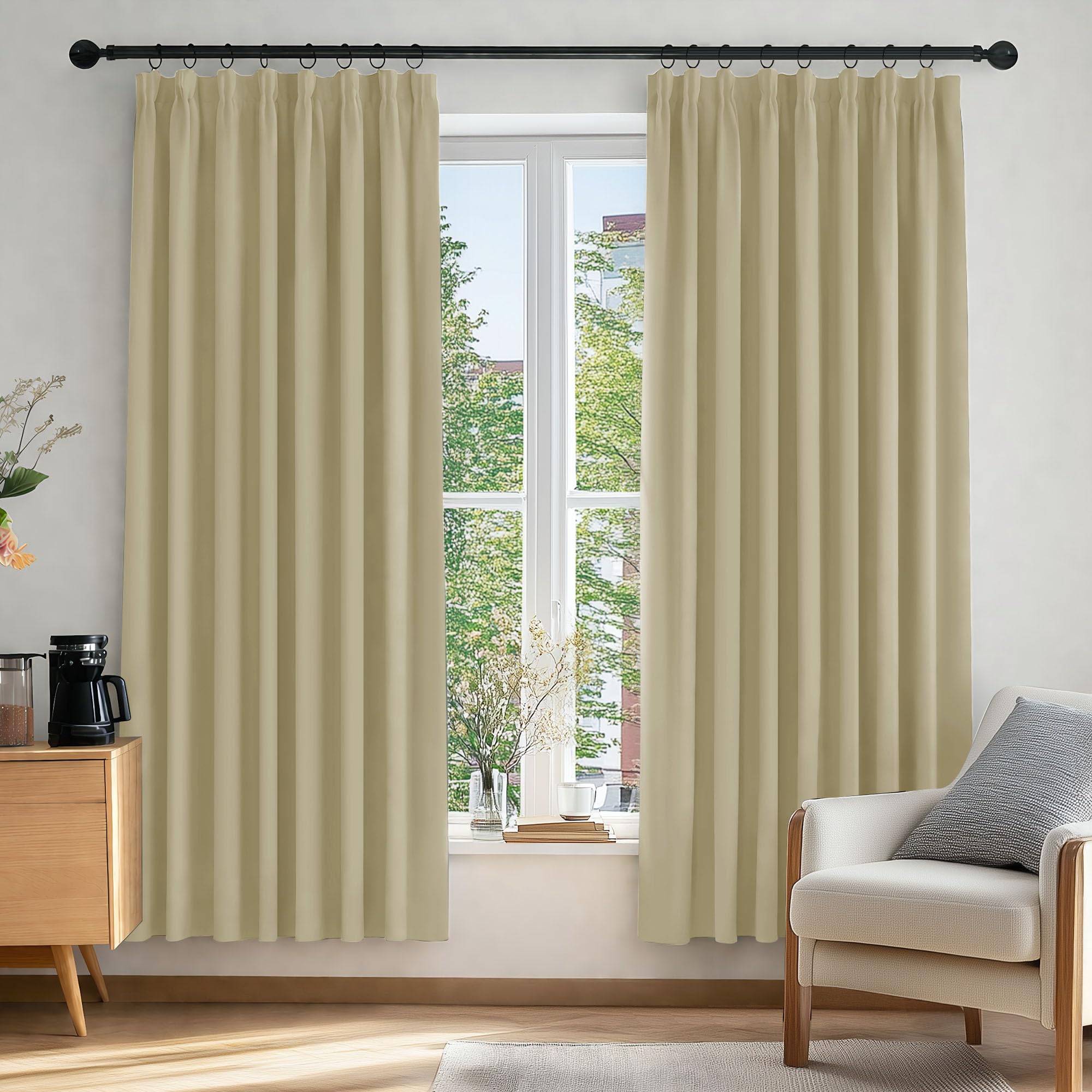 Deconovo Beige Solid Thermal Insulated Curtains Pencil Pleat Room Darkening Curtains For Bedroom 46 X 72 2 Panels