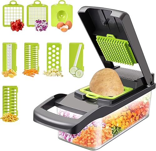 Picador de verduras con recipiente, cortador de mandolina profesional 12 en 1, cortador de verduras multifuncional con mango superior, cesta de