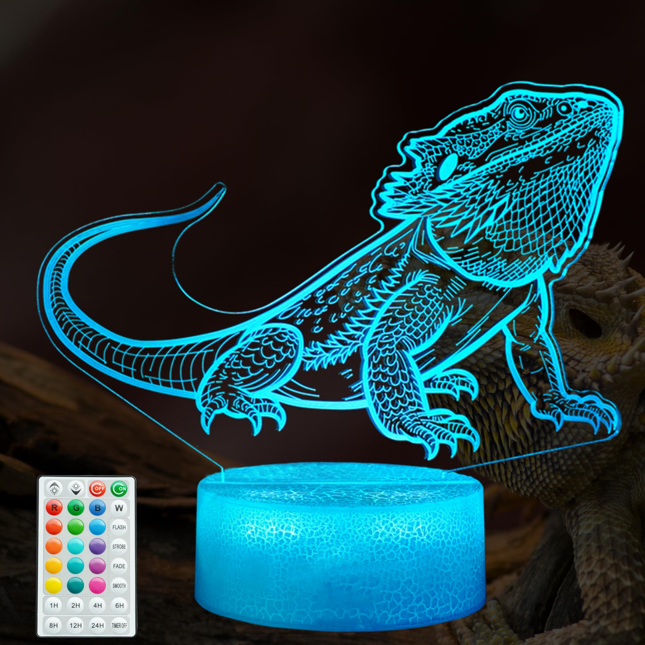 Posshe Color 3 Bearded Dragon Night Light, Bearded Dragon Gifts, 3D Illusion Night Light With 16 Colors Changing, Remote Control With Timer, Kids Room Decoration For Holiday Birthday Christmas