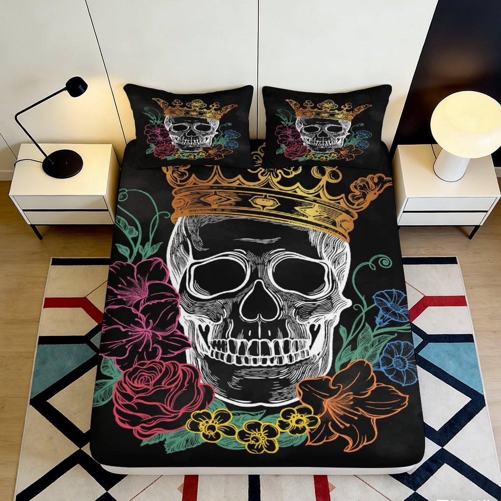 3D Printed Skull Floral Fitted Sheet Microfiber Deep Pocket Non-Slip Skull Mattress Fitted Cover Bedroom 200x200x25cm