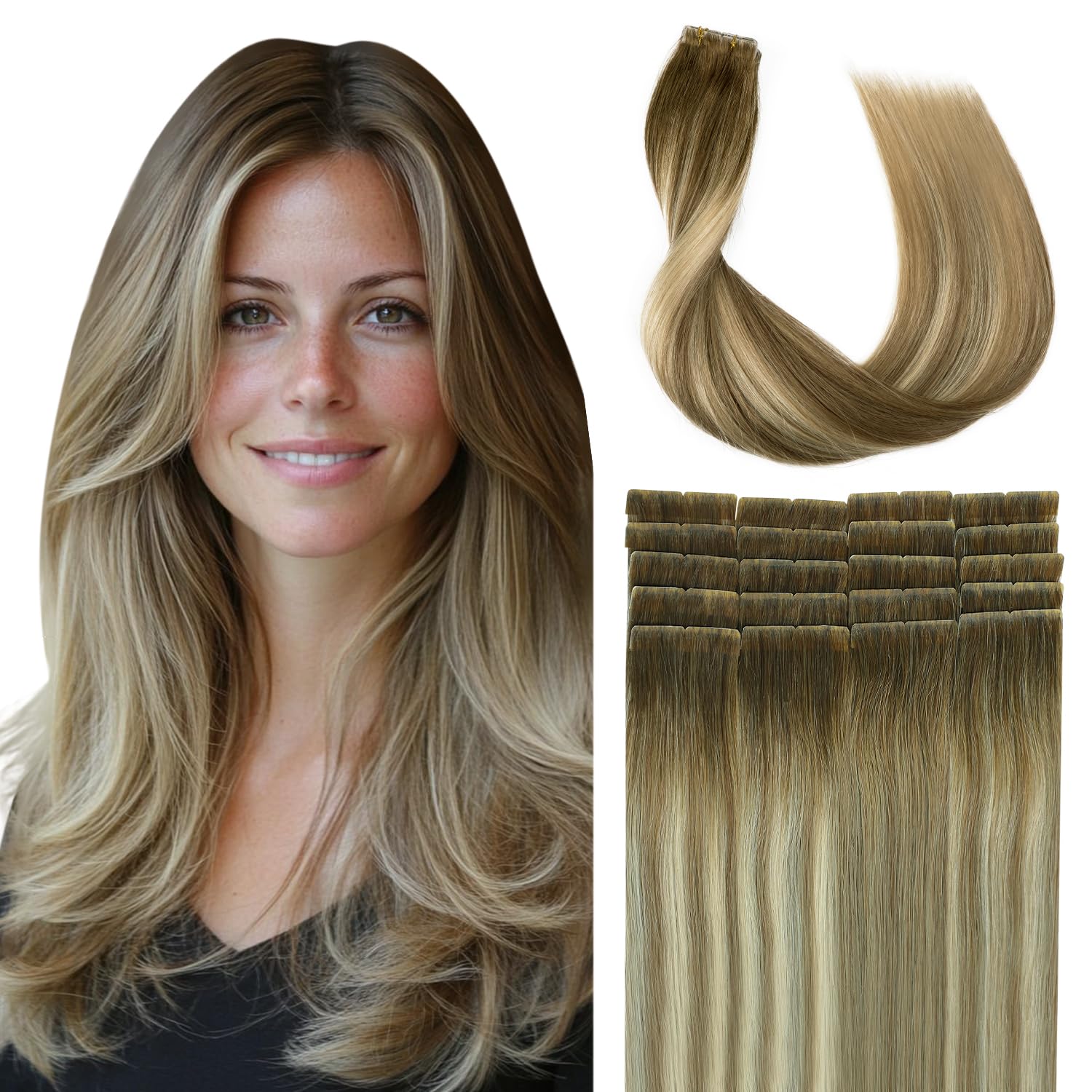 SURNEL Injected Tape in Hair Extensions 14 Inch Fading to Highlight Blonde Natural Real Hair Extension Upgraded Seamless Remy Invisible Skin Weft Straight 20 Pcs 30g(#3822-14)