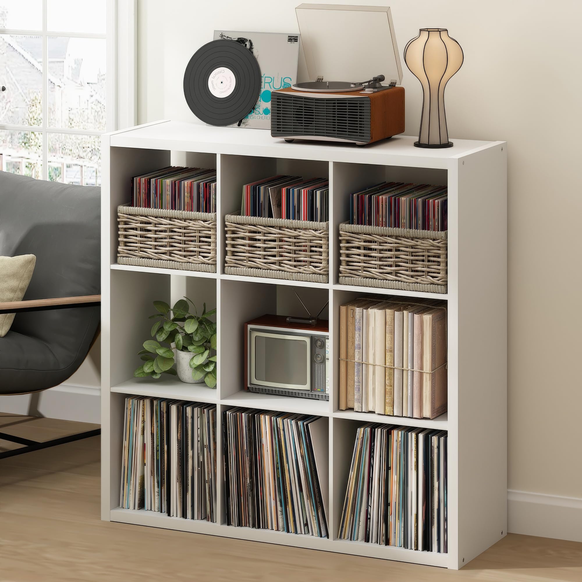 Furinno CUBICLE Mobile per Giradischi con Raccoglitore per Vinili, 9-Cube 1.2 Extra Spesso Raccoglitore per Dischi in Vinile, Scaffale Multimediale Aperto sul Retro per CD DVD Dischi, Bianco