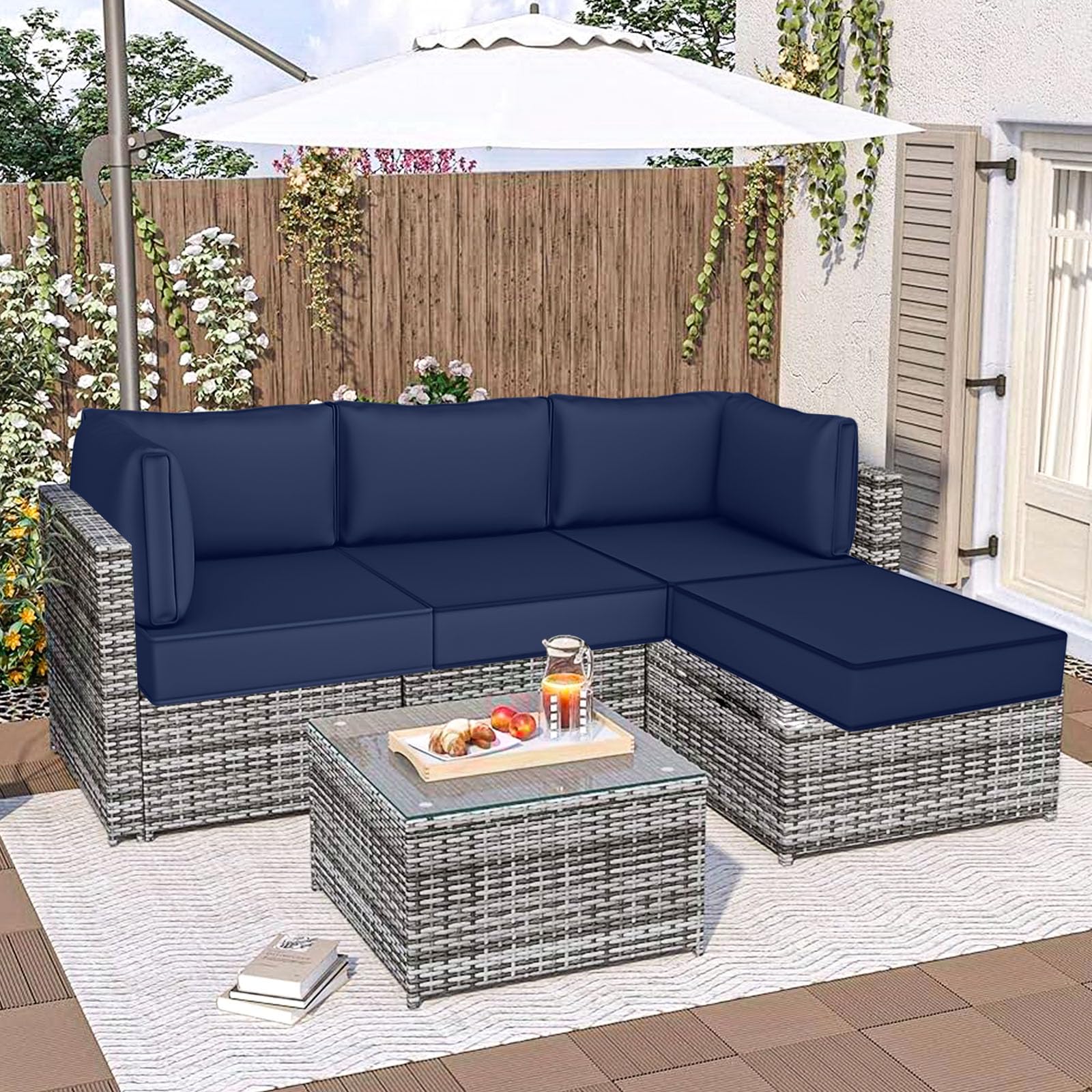 Outdoor Sectional Cushions, 5" Replacement Cushions for Patio Furniture, 9 Piece Water-Resistant Couch Replacement Set, for 4-seat Patio L Shaped Wicker Sofa (Navy)