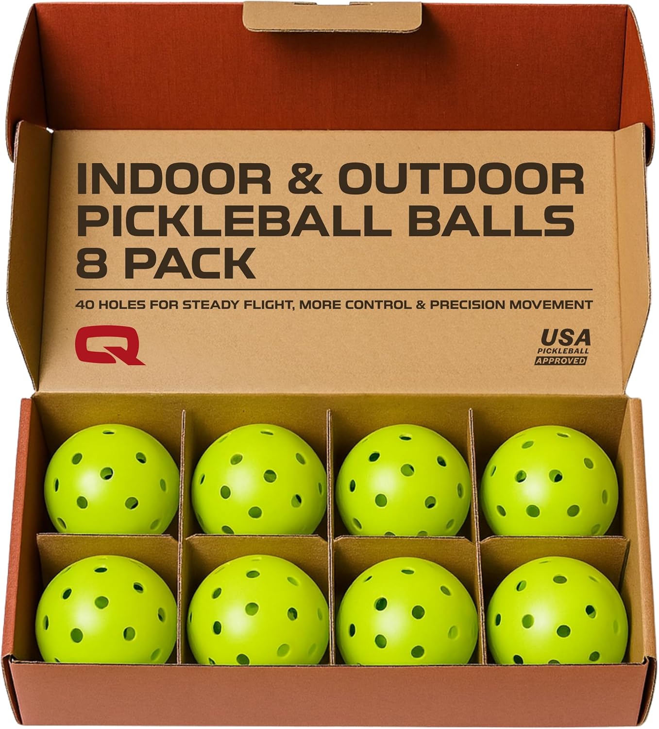 QRANC Pickleball Balls, USAPA Approved, 40 Holes, Neon Green, 8 Pack | Indoor & Outdoor Play, Tournament Ready, Durable Poly Construction, Pickle Ball Gear & Accessories, Ready-to-Play