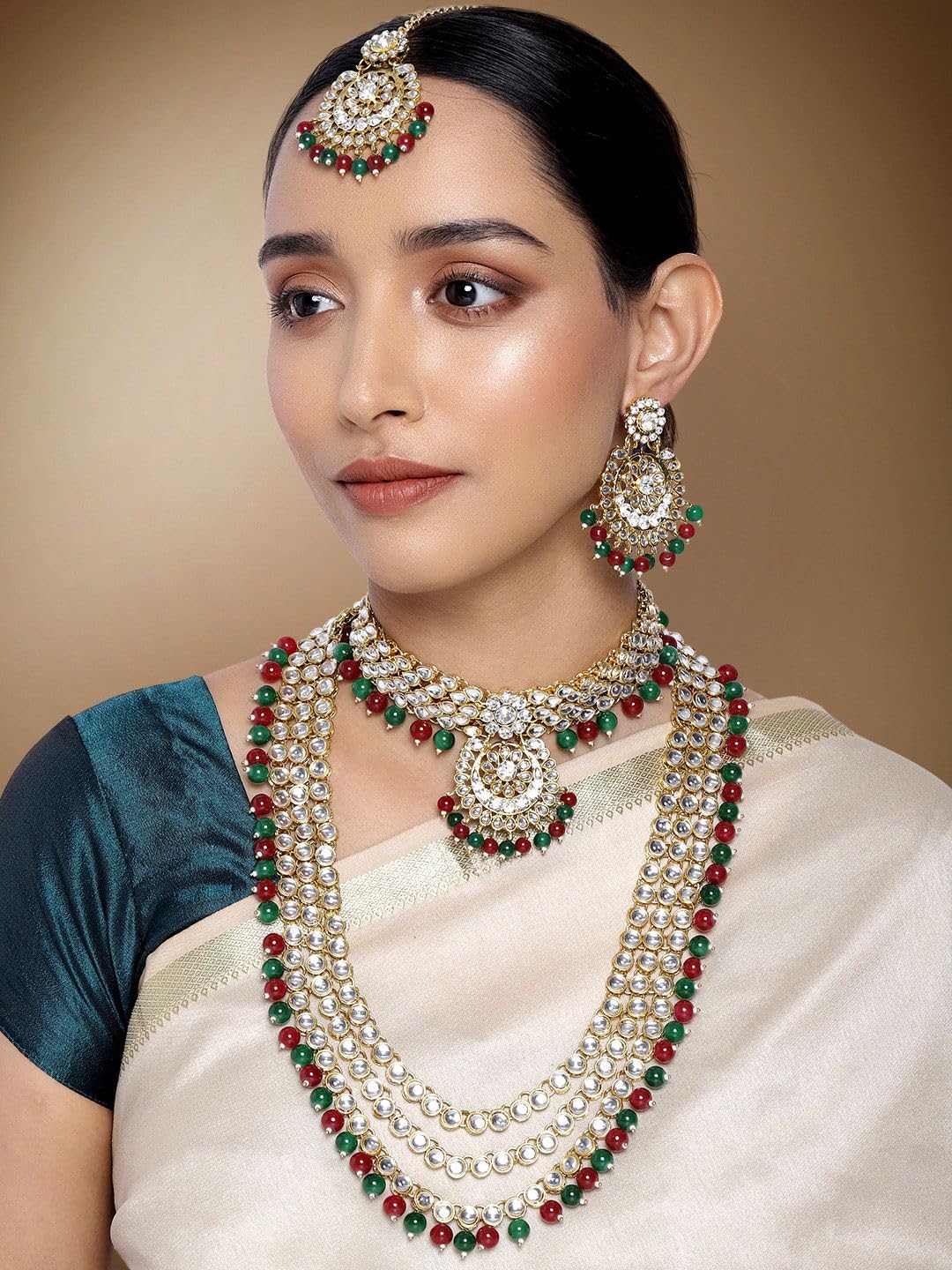 DMZ-3992 - Juego de collar y aretes de novia chapados en oro de 18 quilates con cuentas Kundan, S, Latón