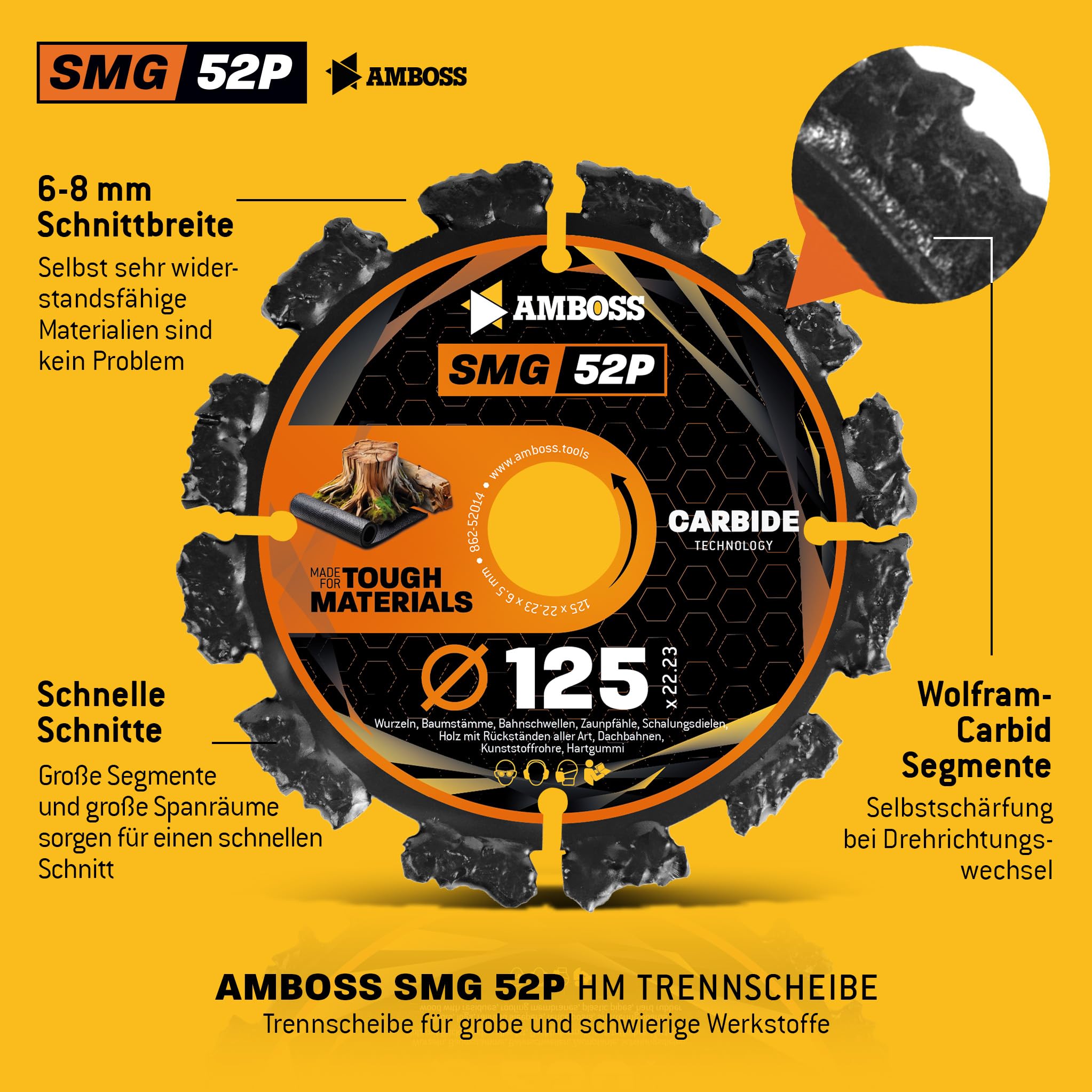 Tarcza tnąca Amboss SMG 52P Premium - do korzeni, pni, drewna z pozostałościami, bieżników dachowych, asfaltu - Ocynkowane łącza segmentowe, Ø 125 mm x 22,2 mm, 1