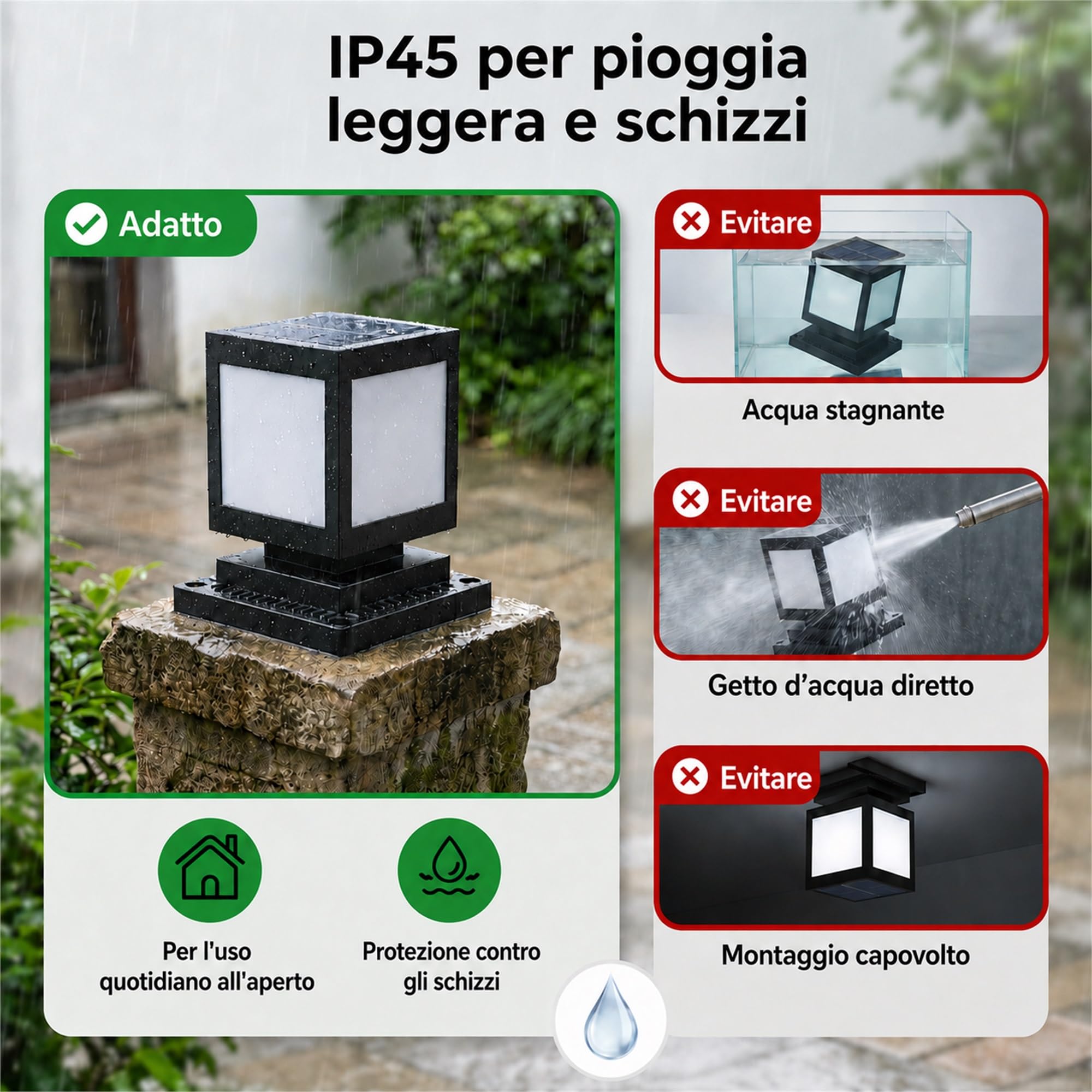 Lampione Solare da Giardino IP45, Luce da Pilastro LED, Nero | Luce solare da pilastro per giardino, cancello e vialetto; 2200mAh, 12 LED, IP45, 6000K Luce Bianca