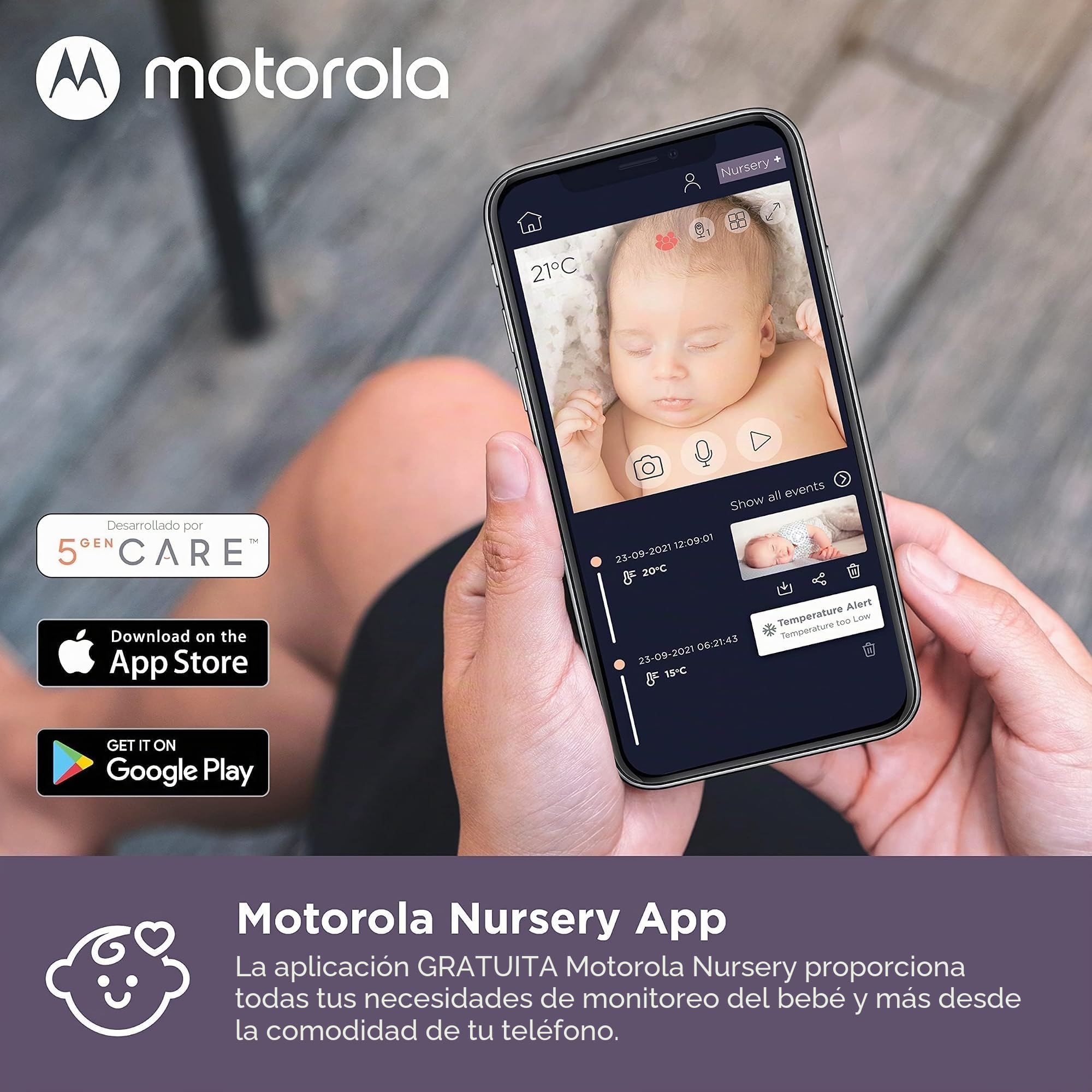 Motorola Nursery VM855 - Vigilabebés con conexión Wi-Fi con aplicación y unidad para padres de 5 pulgadas, visión nocturna, temperatura y conversación bidireccional, 480p, Sólo movimiento