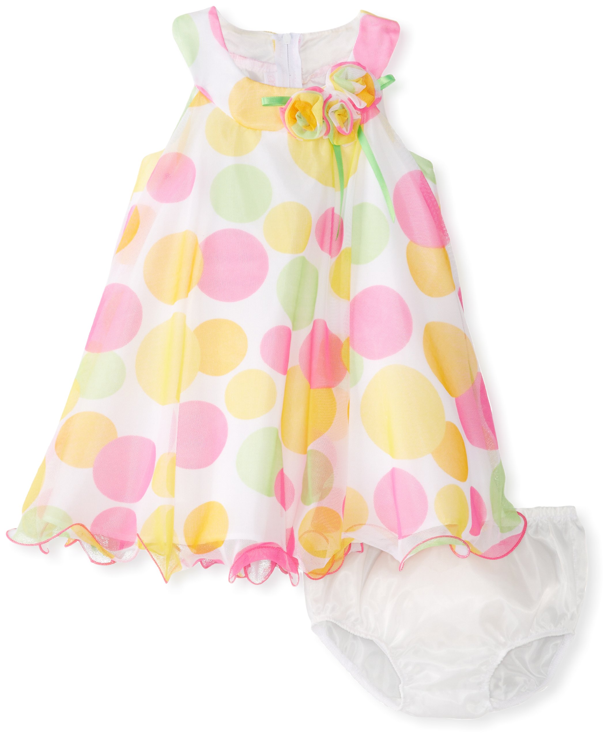 Bonnie Baby Baby Girls' Crystal Pleat Mesh Dress with Large Multi Dots, Green, 24 Months