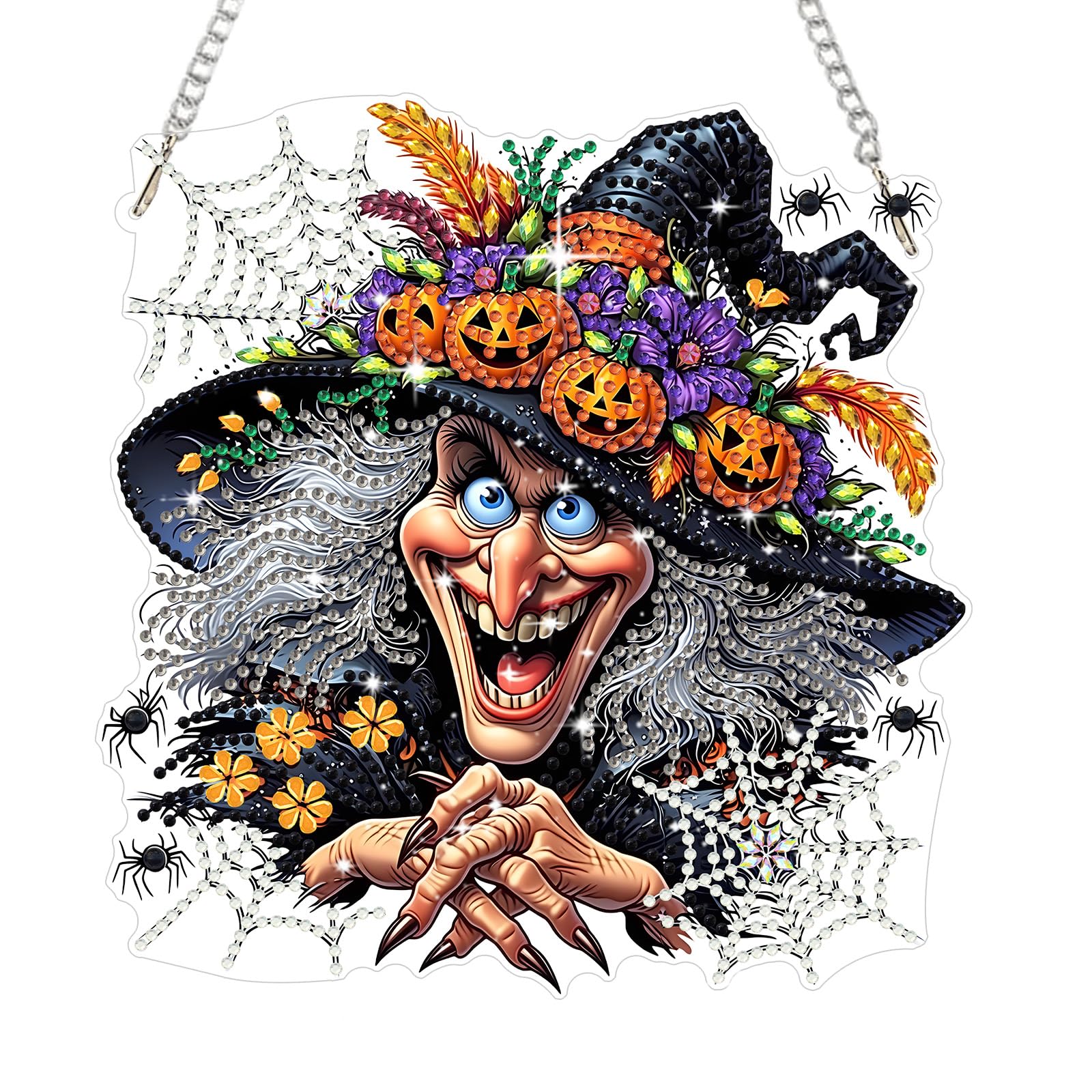 QENSPE Halloween Diamond Art Hanging Ornament, Witch Diamond Painting Kits for Adults Beginners, 5D Special Drill Spider Diamond Dot Gem Art Crystal Window Pendant Home Decor Crafts Gift