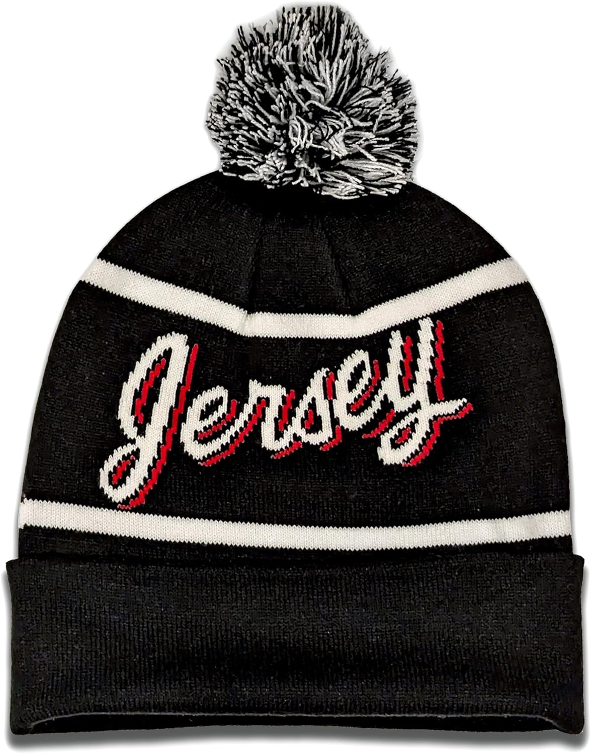 Hockey Beanie Hat - Alternate Black and White Color with Pom Pom and Jersey Script Comfortable and Fun Fan Gift.