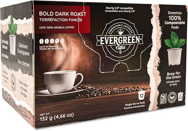Evergreen Compostable Single Serve Coffee Pods - Dark Roast Bold Blend - 100% Arabica Beans (72 Count)