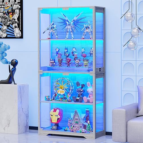 Display Cabinet with Glass Doors, 4-Tier Curio Cabinet with 3 Color Lights for Collectibles, Glass Display Case with Human Body Sensor, Gray