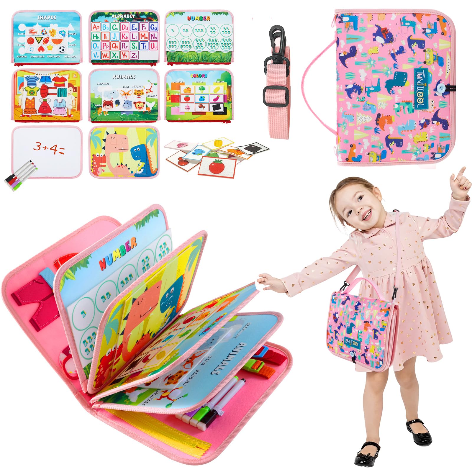 10-in-1 Montessori Busy Board, Sensory Activity Board with Carry Sling, Detachable Pages for Fine Motor Skills &amp; Travel