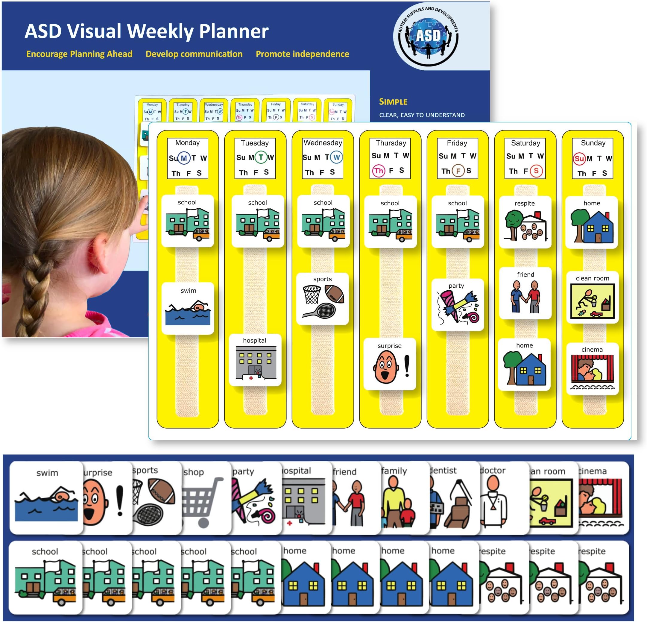 Weekly Autism Calendar/Wall Chart Planner | Large A3 Visual Schedule Board | Picture Communication Chart showing Daily Schedule | 24 Autism Picture Cards | Compatible with Boardmaker Software