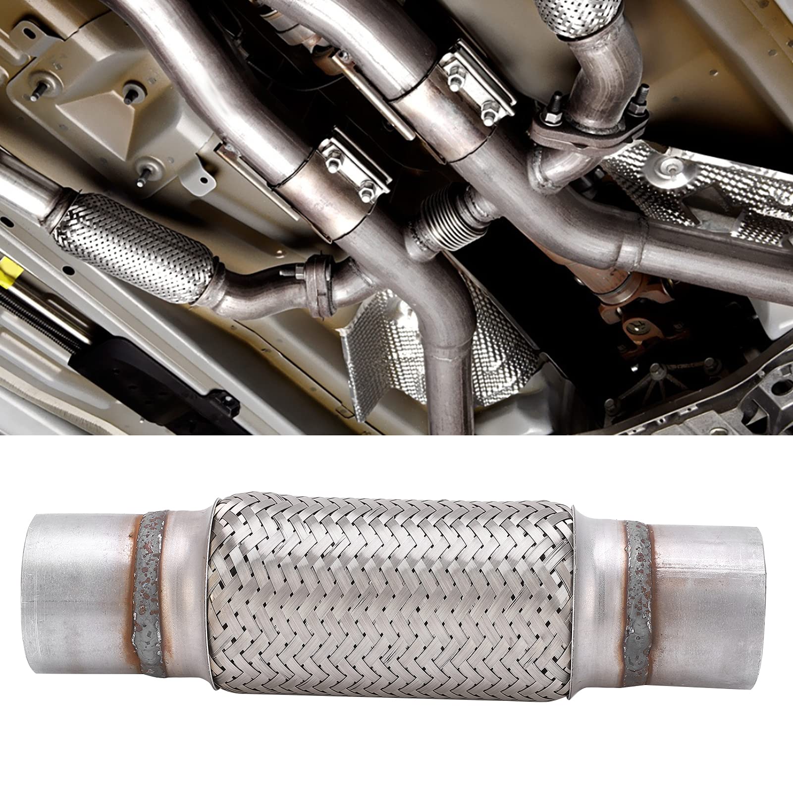 Akozon Tubo flexible de escape de 2,5 x 12 pulgadas Acoplamiento de tubo flexible de escape tejido para coche Tubo de escape trenzado Tubo de junta flexible corrugado de acero inoxidable para cam