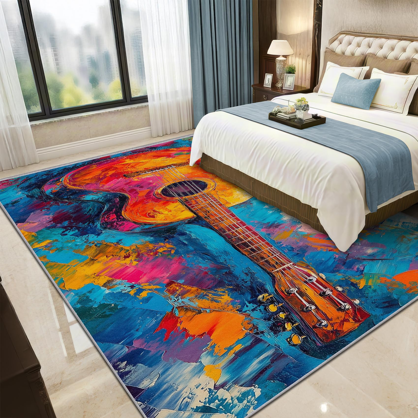 Gitarre Teppich 140x200 cm, Bunt Musik ölgemälde Teppich Wohnzimmer, Musikalisch Abstrakt Kunst Kurzflor rutschfest Pflegeleicht Teppiche Für Jugendzimmer Schlafzimmer, Orange Blau Rosa