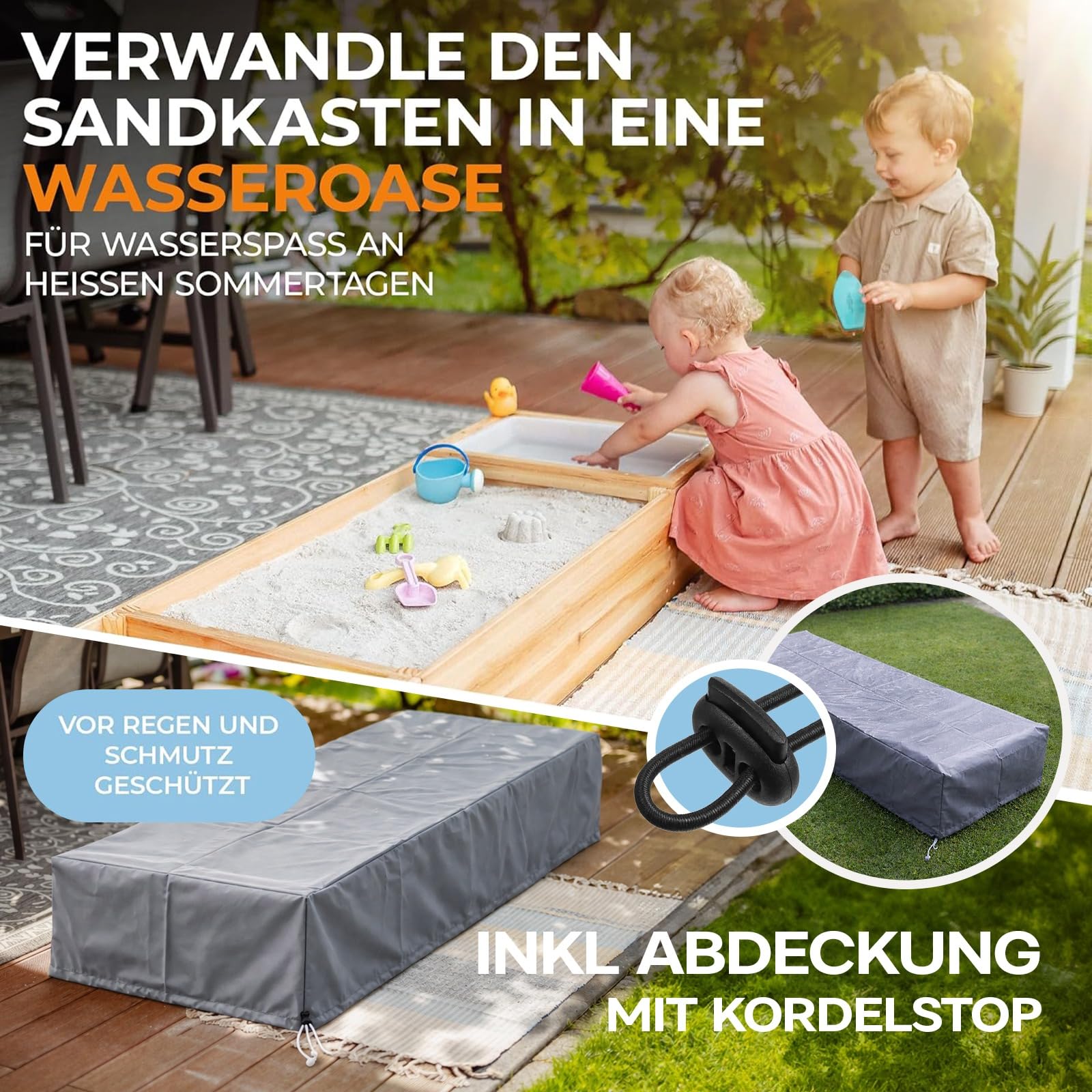 Sandkasten mit Abdeckung 150x45cm – 4 in 1 Sandbox mit Deckel aus lasiertem Massivholz für Balkon, Terrasse & Garten – Matschküche, Sandfach, Staufach, Sitzbank & Vlies, ab 1 Jahr