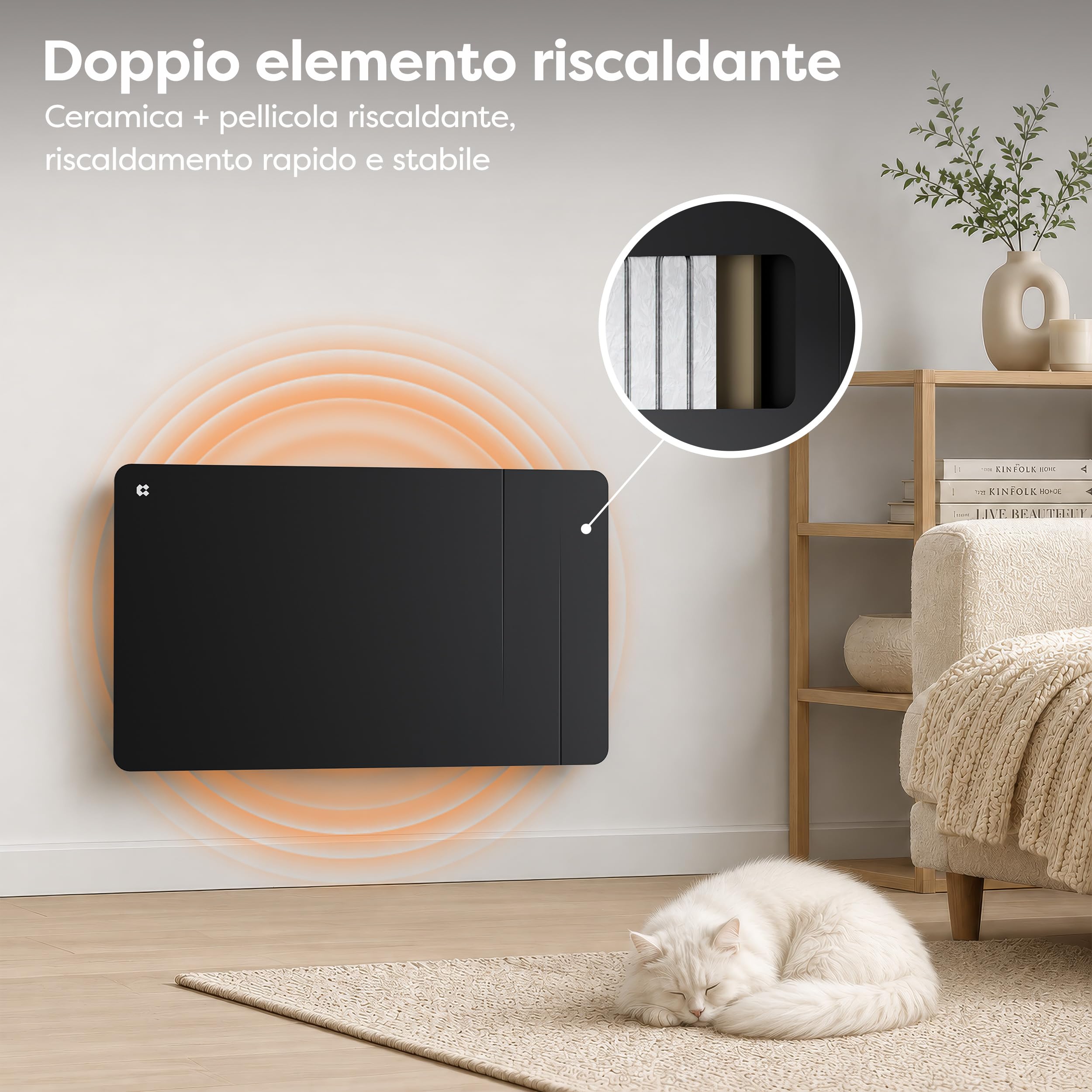 CIARRA Radiatore Ceramica e Pellicola Riscaldante 1500W - WiFi-Nero | Riscaldamento a Parete Intelligente PID per Soggiorno/Bagno (10-20㎡) - Calore omogeneo - Anti-gelo