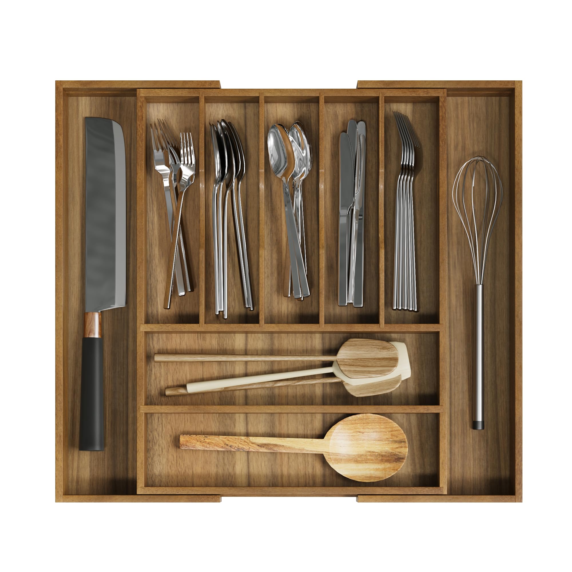 Smuxee Acacia Wood Kitchen Silverware Drawer Organizer, 9 Compartment Utensil Holder, Kitchen Drawer Divider for Silverware and Kitchenware