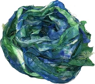 KnitSilk Super Bulky Recycled Sari Silk Ribbon Yarn in Blue Galaxy | 50 GMS - 30 Yards | Duppioni Silk Ribbon | Taffeta Silk Ribbon (Pack of 1)