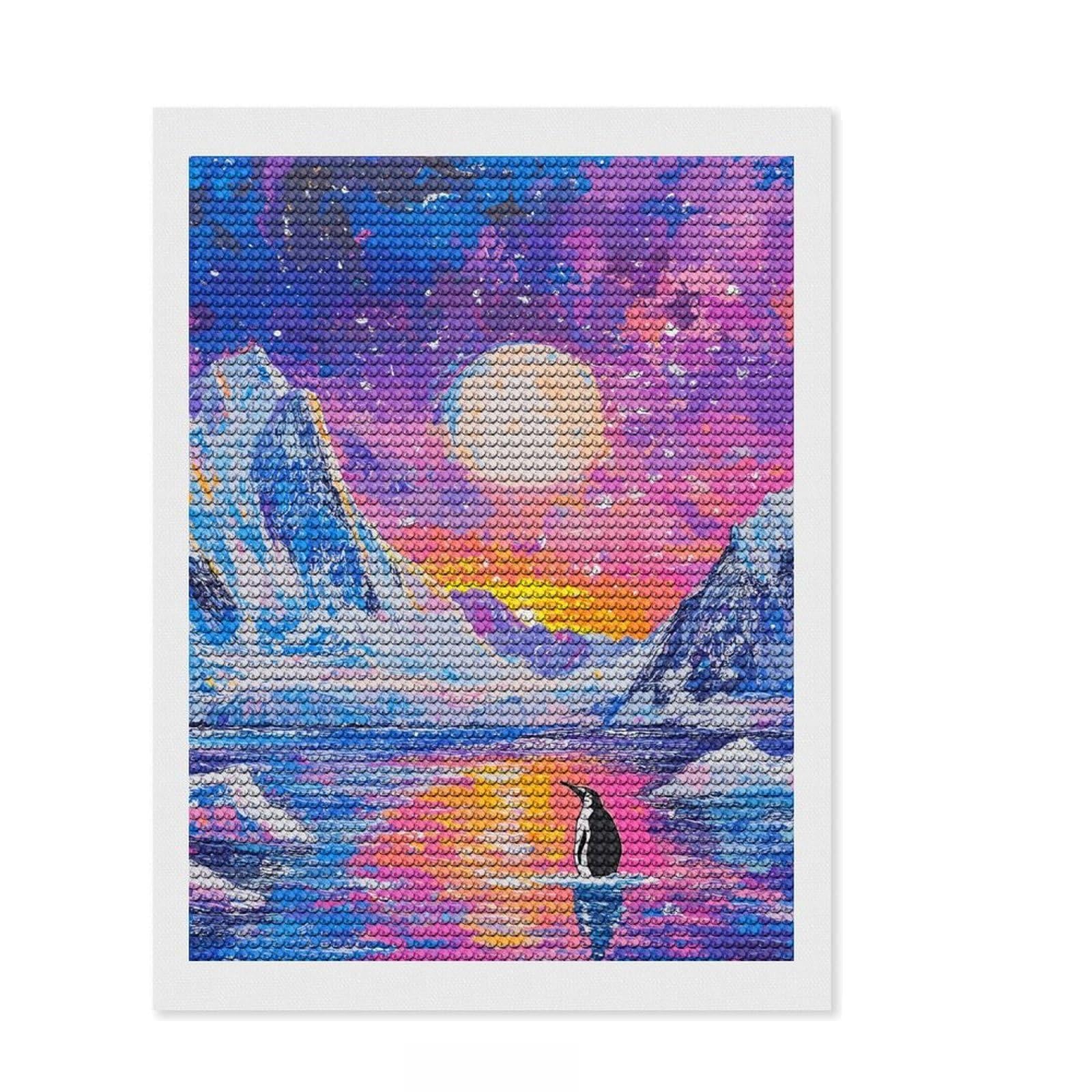 Junmoney Lonely Penguin Sunset Diamond Painting Set 12"x16", Farmhouse Decor, Modern Decor, Full Kit Included, Creative Gift Idea, Adhesive Canvas