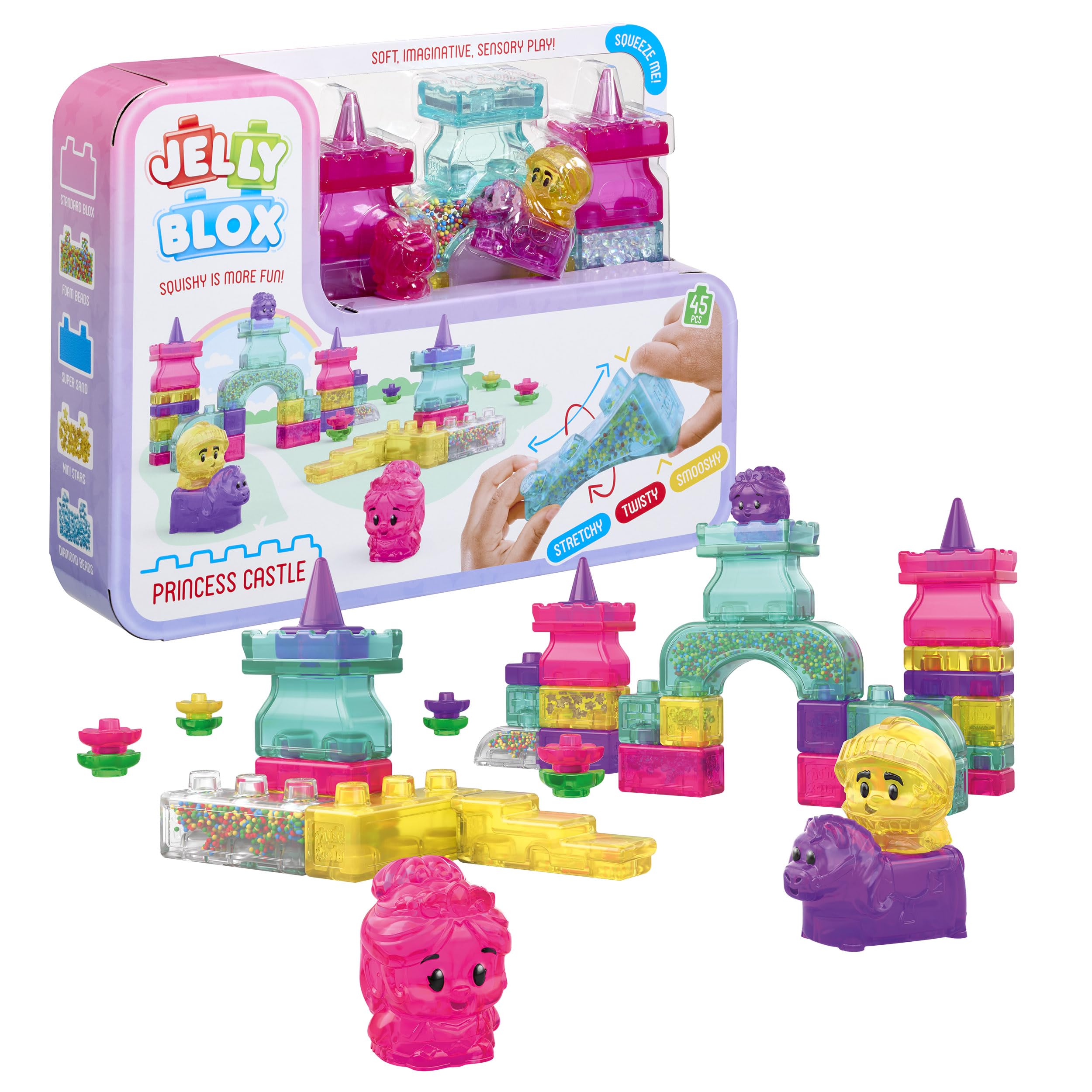 Goliath - Jelly BLOX – Château Princesse 45 Pièces – Blocs de Construction Squishy Sensoriels – 2 Princesses + Chevalier + Cheval – 100% sans Bobos – Jeux de Construction pour Enfants dès 2 Ans