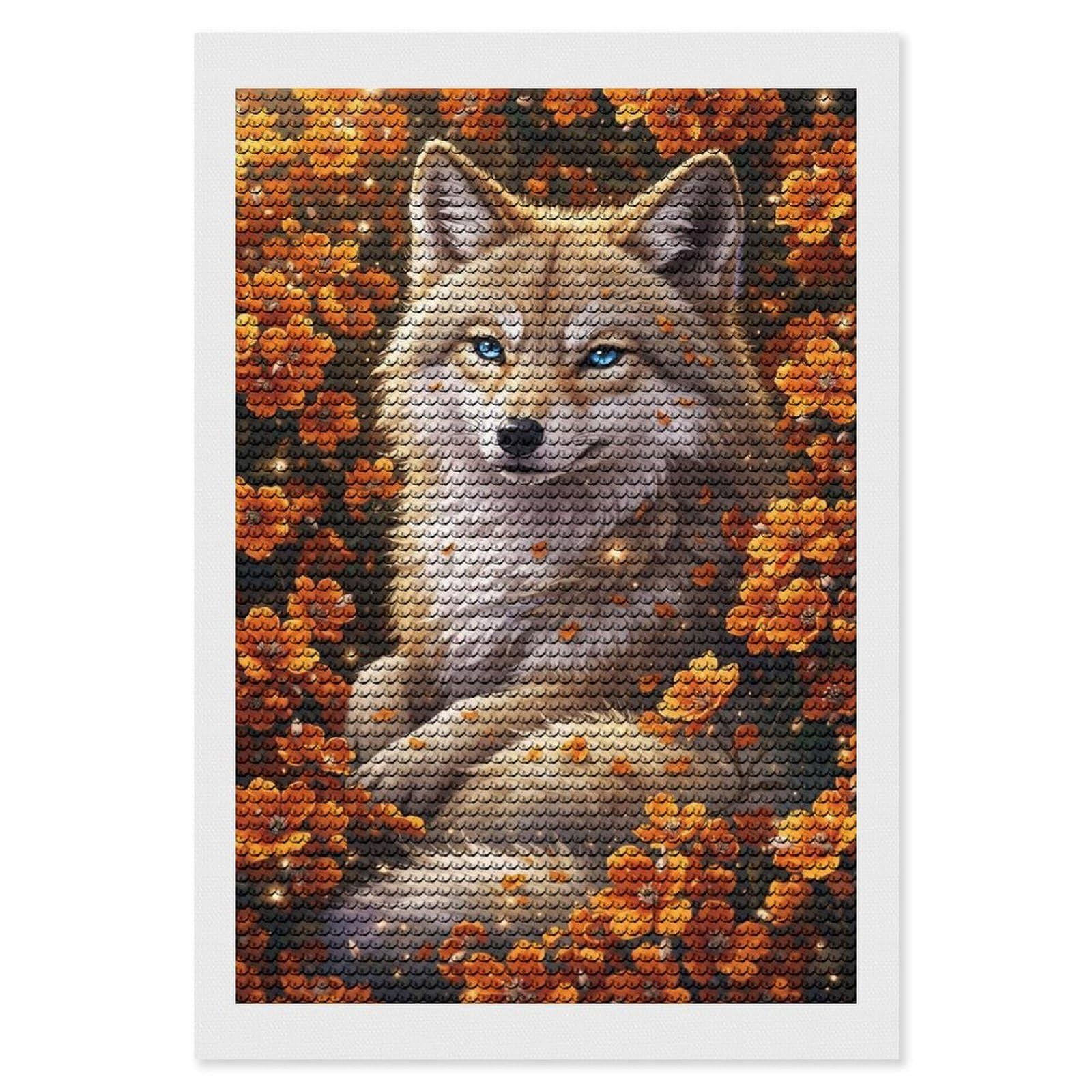 Junmoney Wolf Among Marigold Blooms Diamond Painting Set 8"x12", Arts and Crafts, Wall Art Gift, Full Kit Included, Relaxing Handmade Project