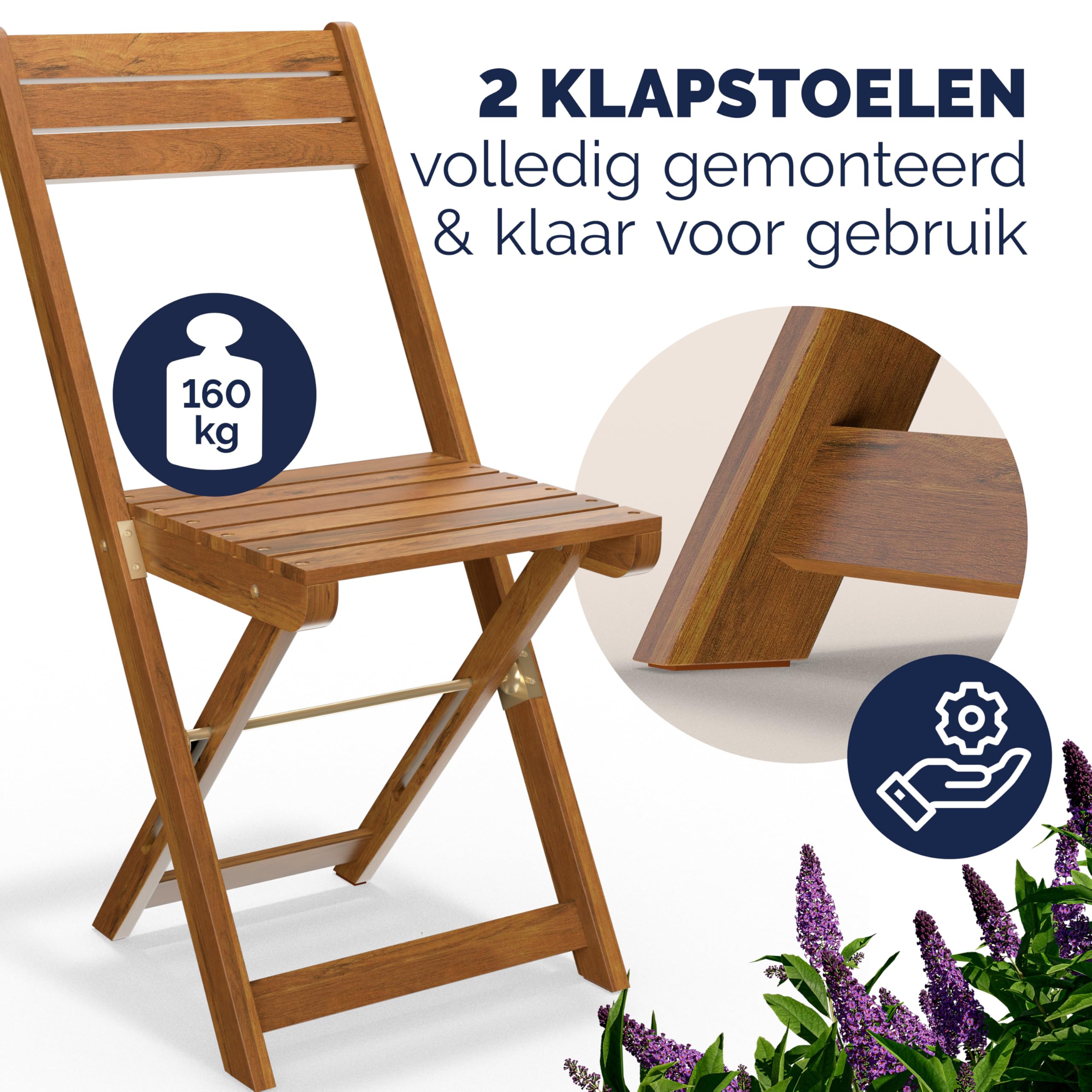 Deuba Tuinset 2 Personen Opvouwbaar 110kg Draagvermogen Weerbestendig Acacia 60x60cm Balkon Tuinstoel Tafel Bruin