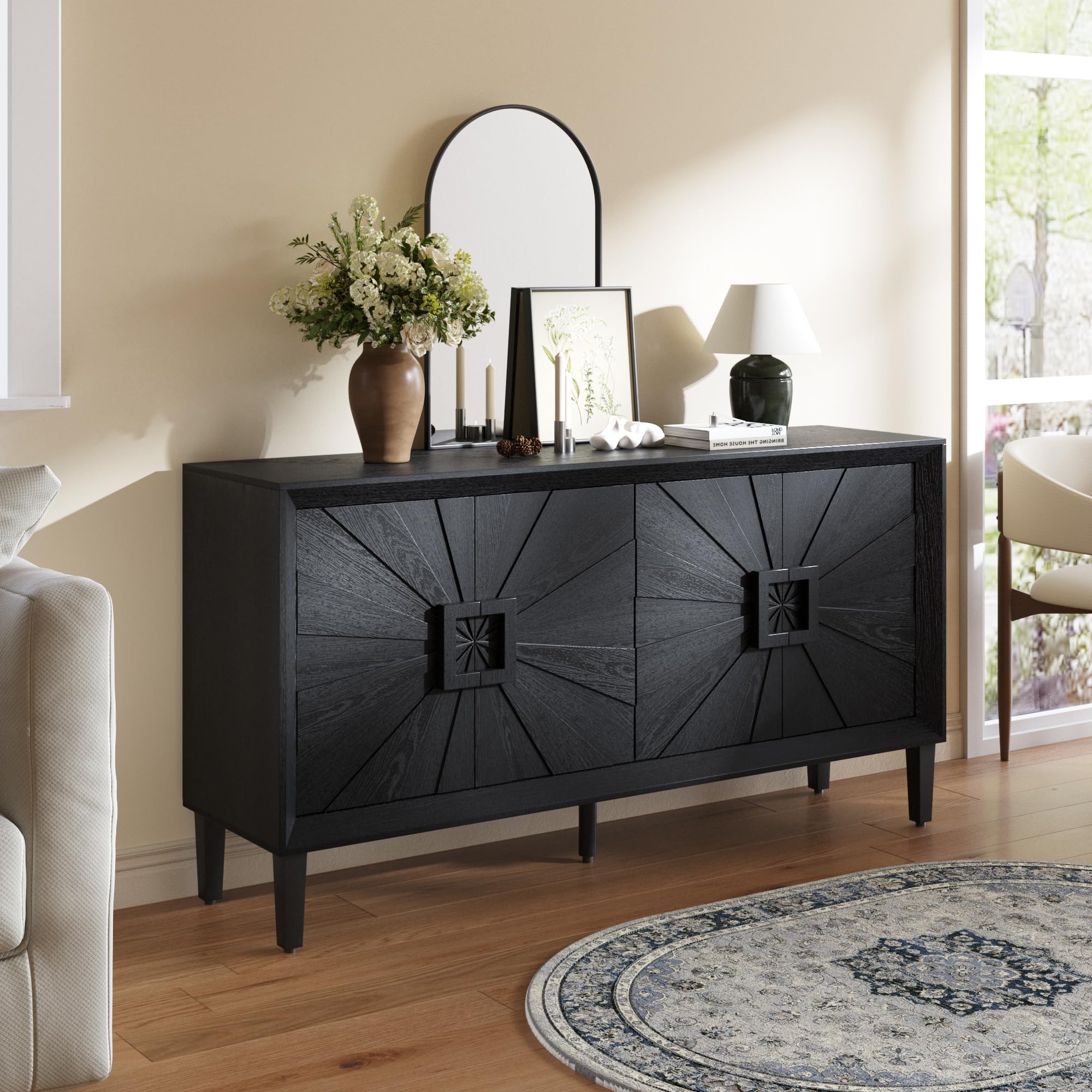 60 Inch Sideboard Buffet Cabinet with Storage, Modern Farmhouse Console Cabinet with Sunburst 4 Doors, Unique Wooden Buffet Table, Black Accent