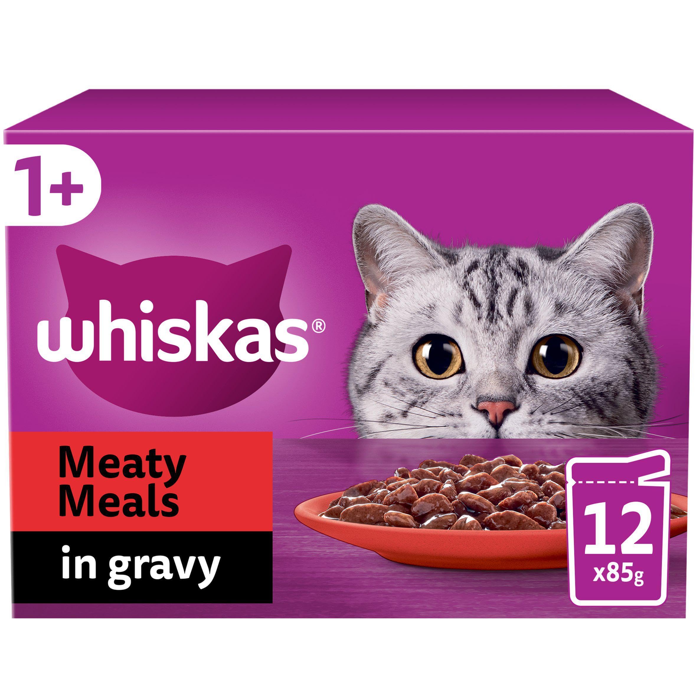 Whiskas 1+ Meaty Meals Adult Wet Cat Food Pouches in Gravy 12 x 85g