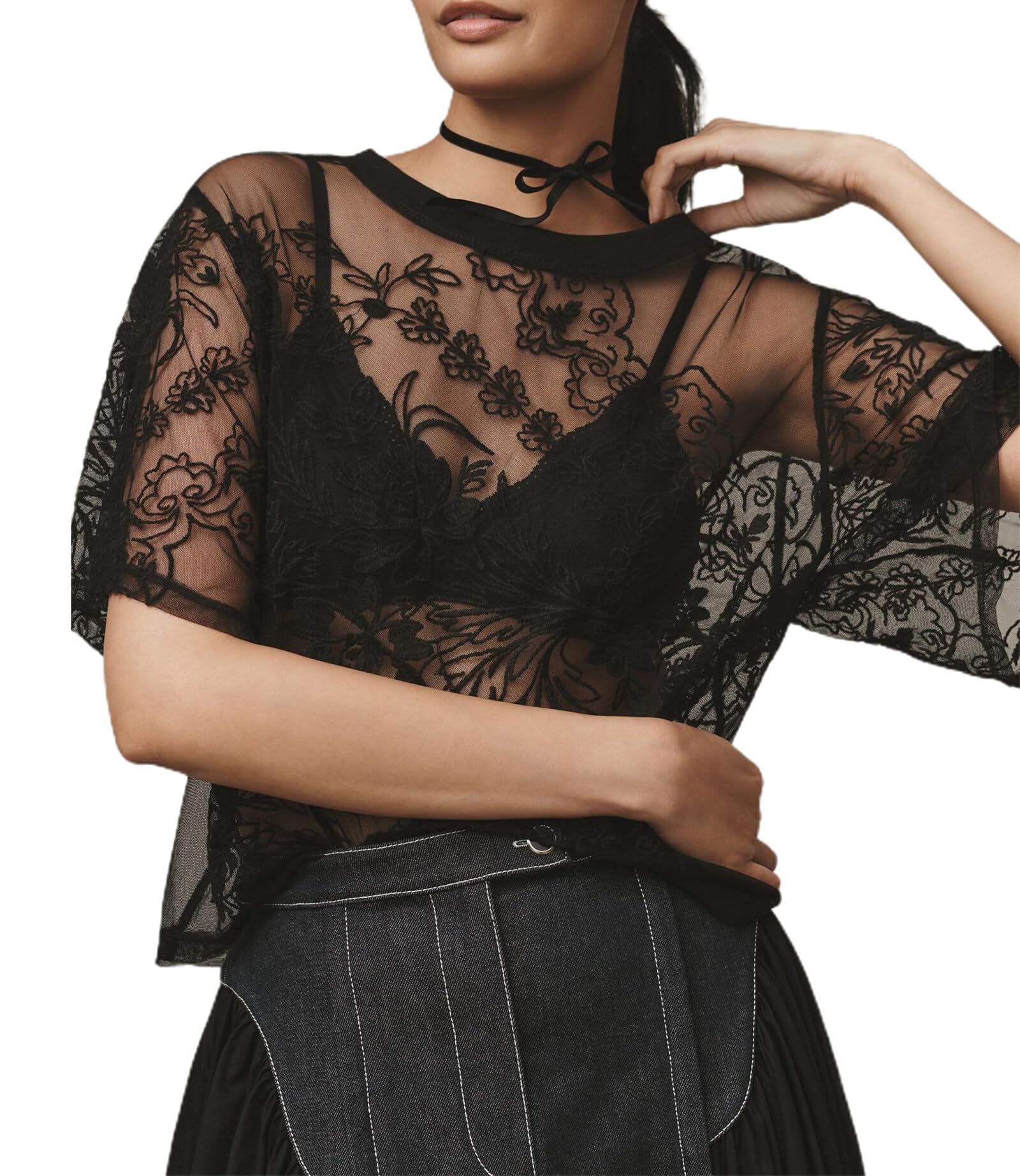 YEMOCILEWomen Lace Embroidered Mesh Tops Floral Short Sleeve See Through T Shirt Sexy Round Neck Sheer Layering Blouse