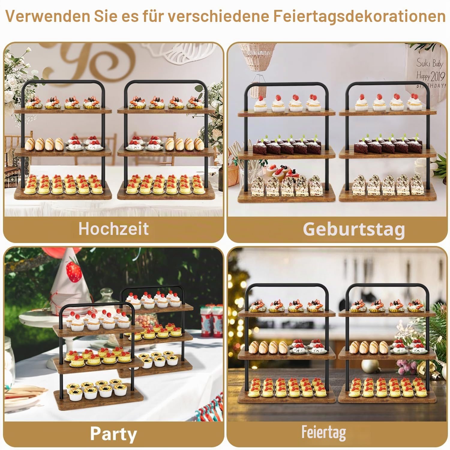 IBUYKE Tortenständer,Cupcake Ständer mit 3 Ebenen,2er Set,Braun TLJ013H-2 | Cupcake Turm Dessertständer Display Kuchenständer Gebäckständer für Hochzeit Party Babyparty Geburtstag