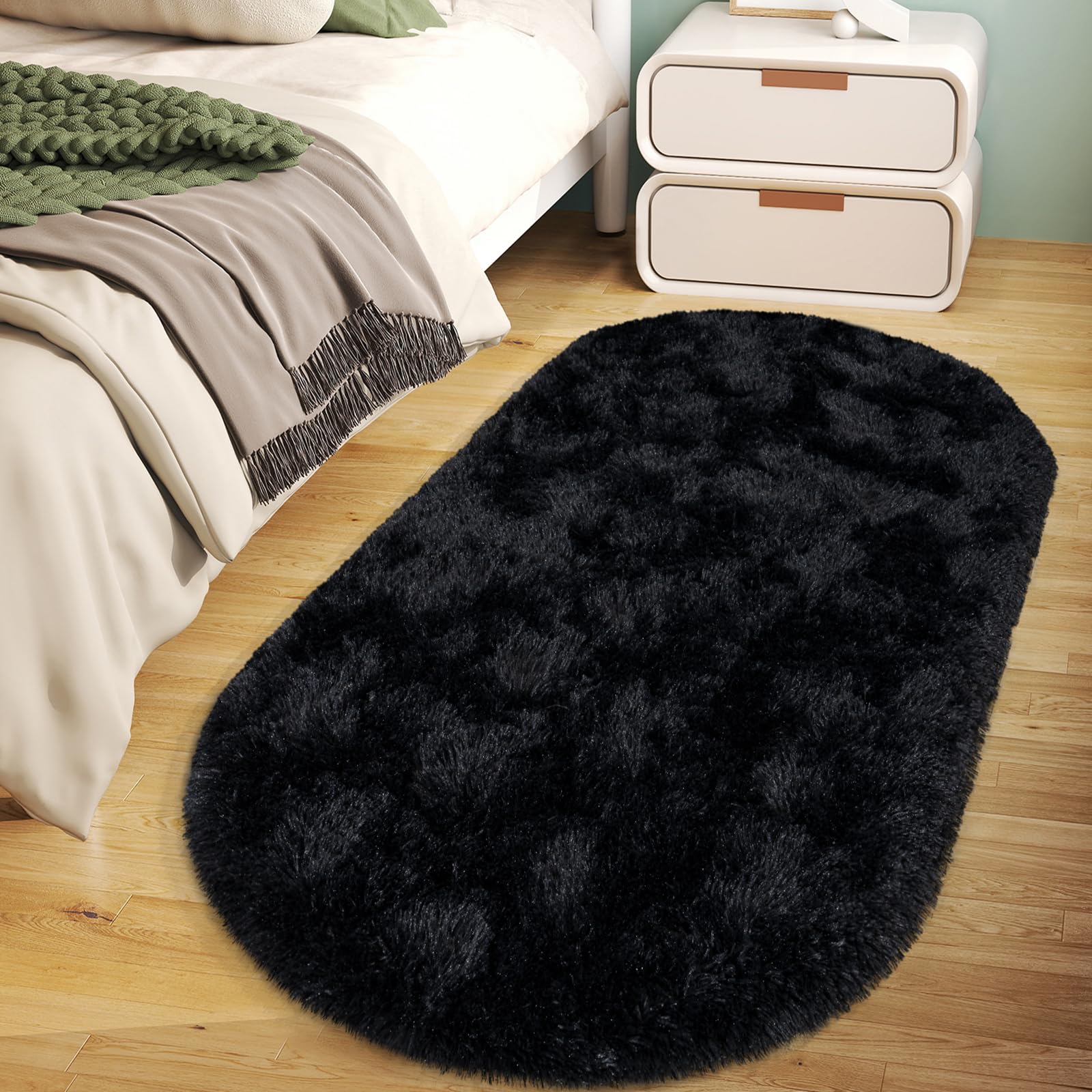 Soft Fluffy Area Rug for Bedroom, Black Fuzzy Shaggy Oval Throw Rugs for Bedside, Non-Slip Cozy Plush Shag Carpet for Kids Room Nursery Dorm Living