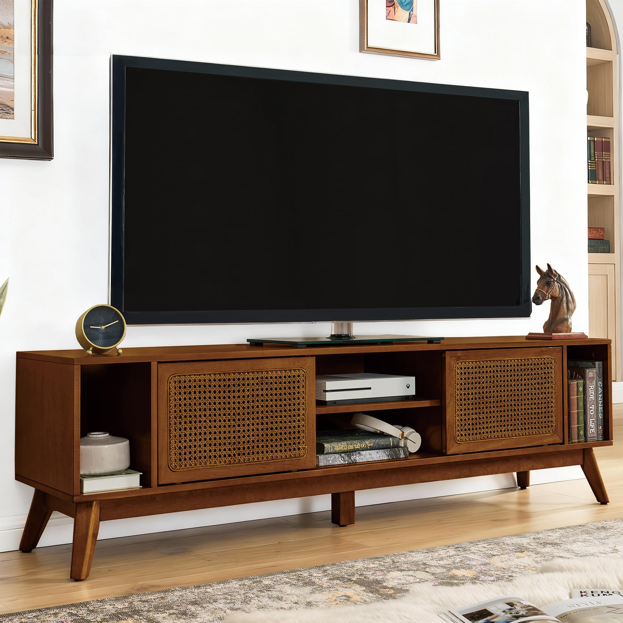LKTART 68 Inch Mid Century Modern TV Stand with Rattan Doors, MCM Entertainment Center Media Console for 60/65/70/75 inch TVs, Long Boho Television Stand for Living Room, Light Walnut 68" Light Walnut