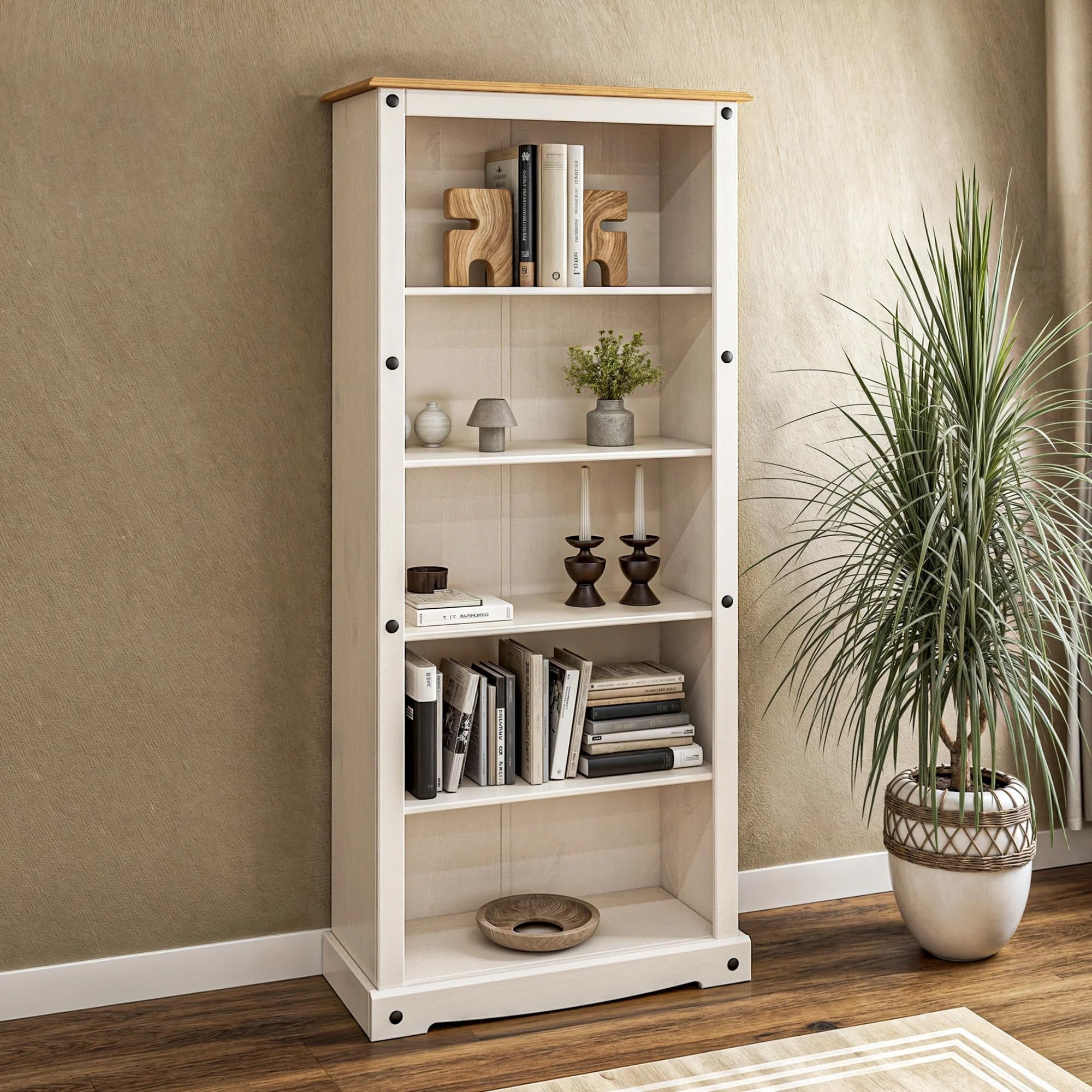 Corona White Tall Large Bookcase Mexican Solid Pine Wood with Whitewash Finish