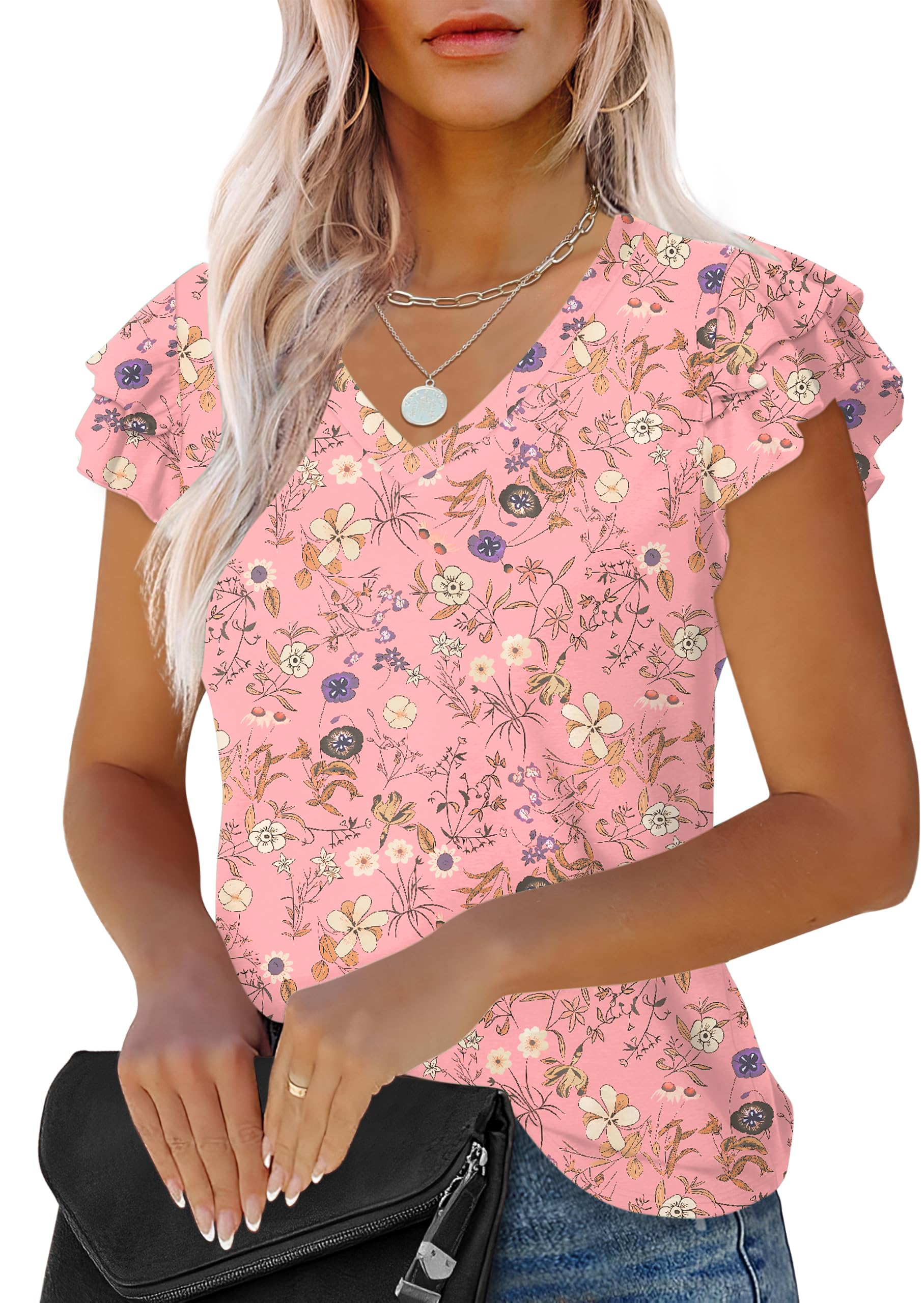 LUYAA Women's Ruffle Short Sleeve Tunic Tops V Neck Knit Ribbed T Shirts Blouses