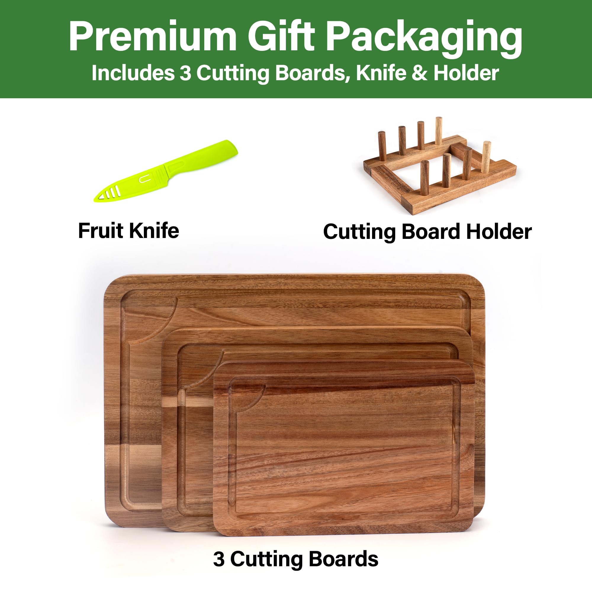 Set de 3 Planches à Découper en Bois d'Acacia avec Rainure pour Jus, Support et Couteau à Fruits Offerts, Planche à Découper Double Face pour Viande, Légumes et Fromage.