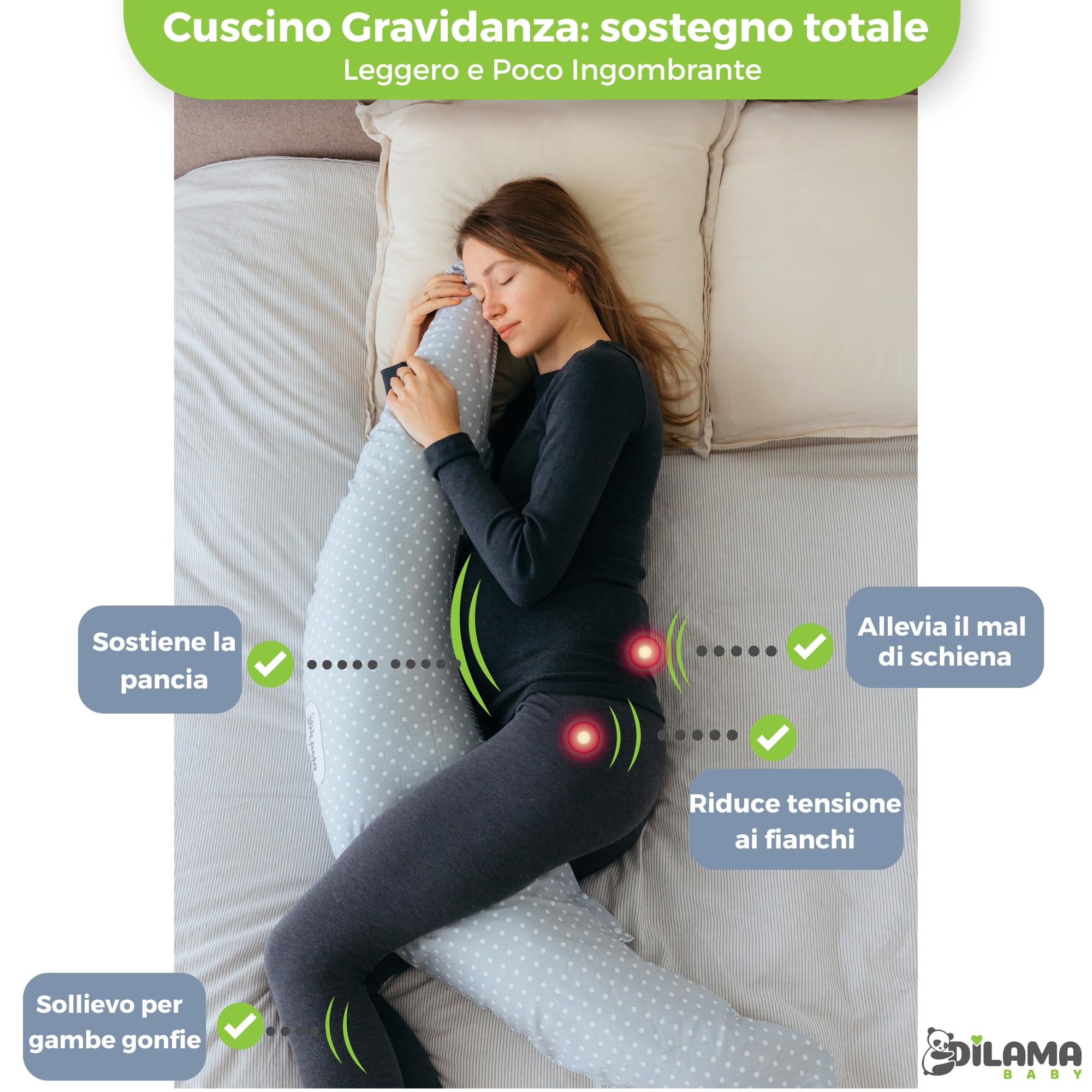 Dilamababy Cuscino Gravidanza Fiocchi di Memory e Fiber Made in Italy – Comodo per Dormire e per Allattamento - Supporto Ergonomico Pancia, Schiena, Gambe con Federa Sfoderabile e Lavabile