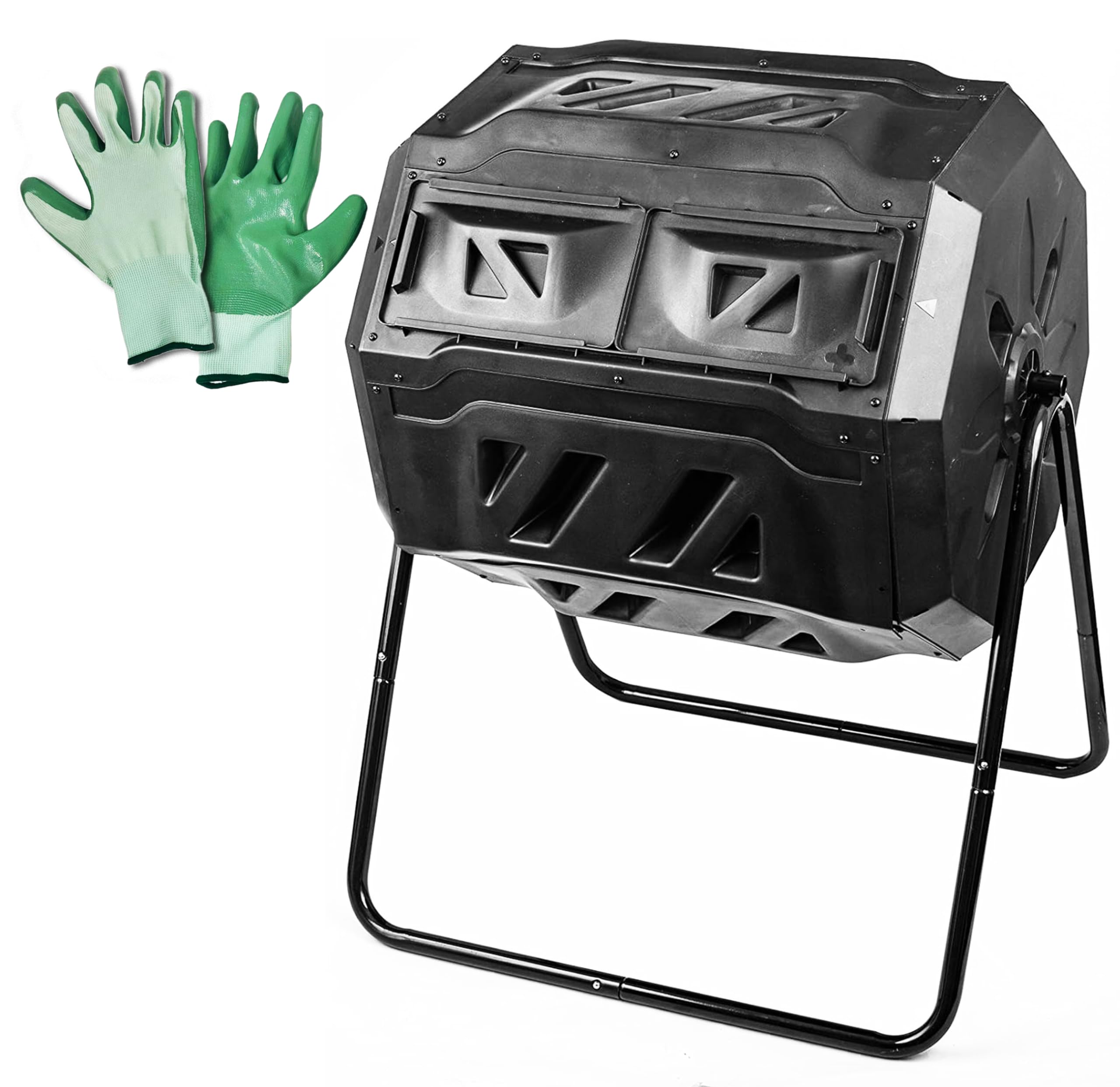 MaxWorks 50891 Compost Tumbler Bin Composter Dual Chamber 42 Gallon, Bundled with Gloves