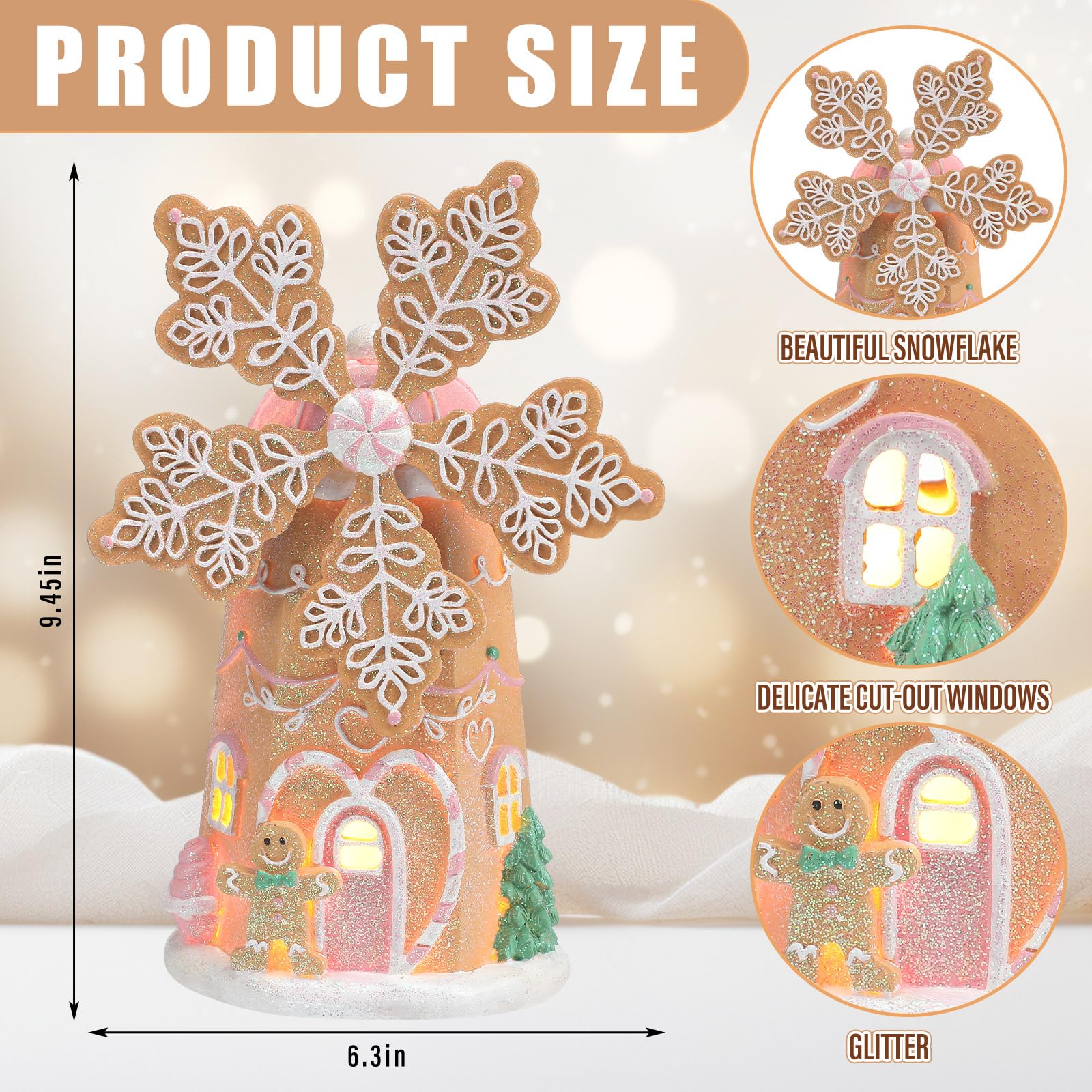 Wesiti Decoración de casa de pan de jengibre iluminada de Navidad de 9.5 pulgadas, figuras de molino de viento de Navidad hechas a mano, decoración navideña para fiesta, centro de mesa, mantel, mesa