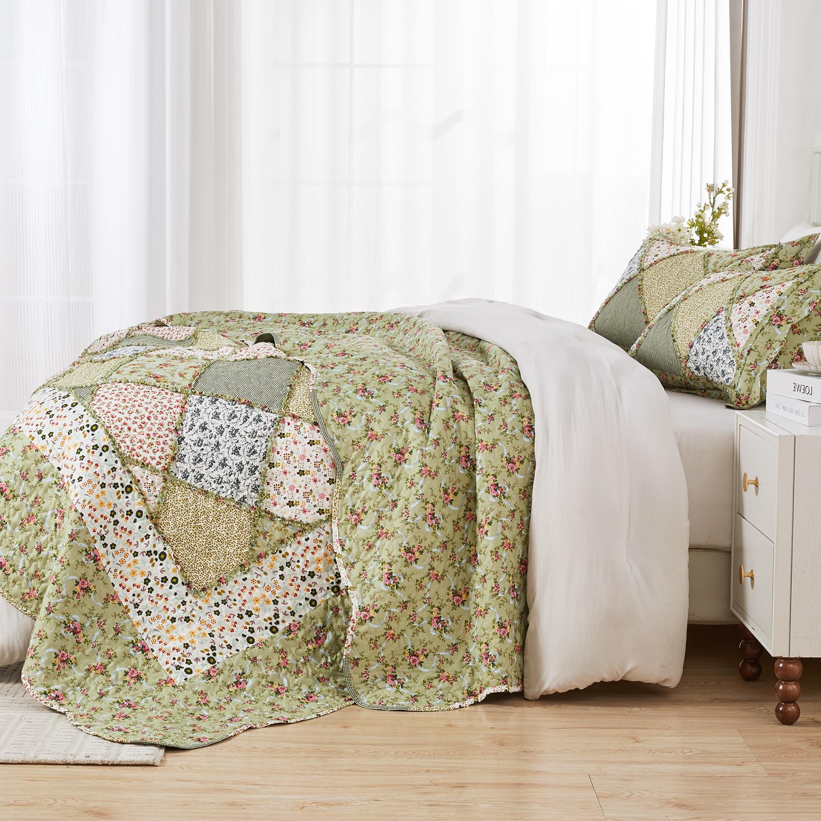 DECMAY Copriletto Matrimoniale 220x240 cm Verde Patchwork, Copriletto Trapuntato in Microfibra con Motivo a Fiori, Coperta Divano, 3 Pezzi con 2 Federe 50x75 cm