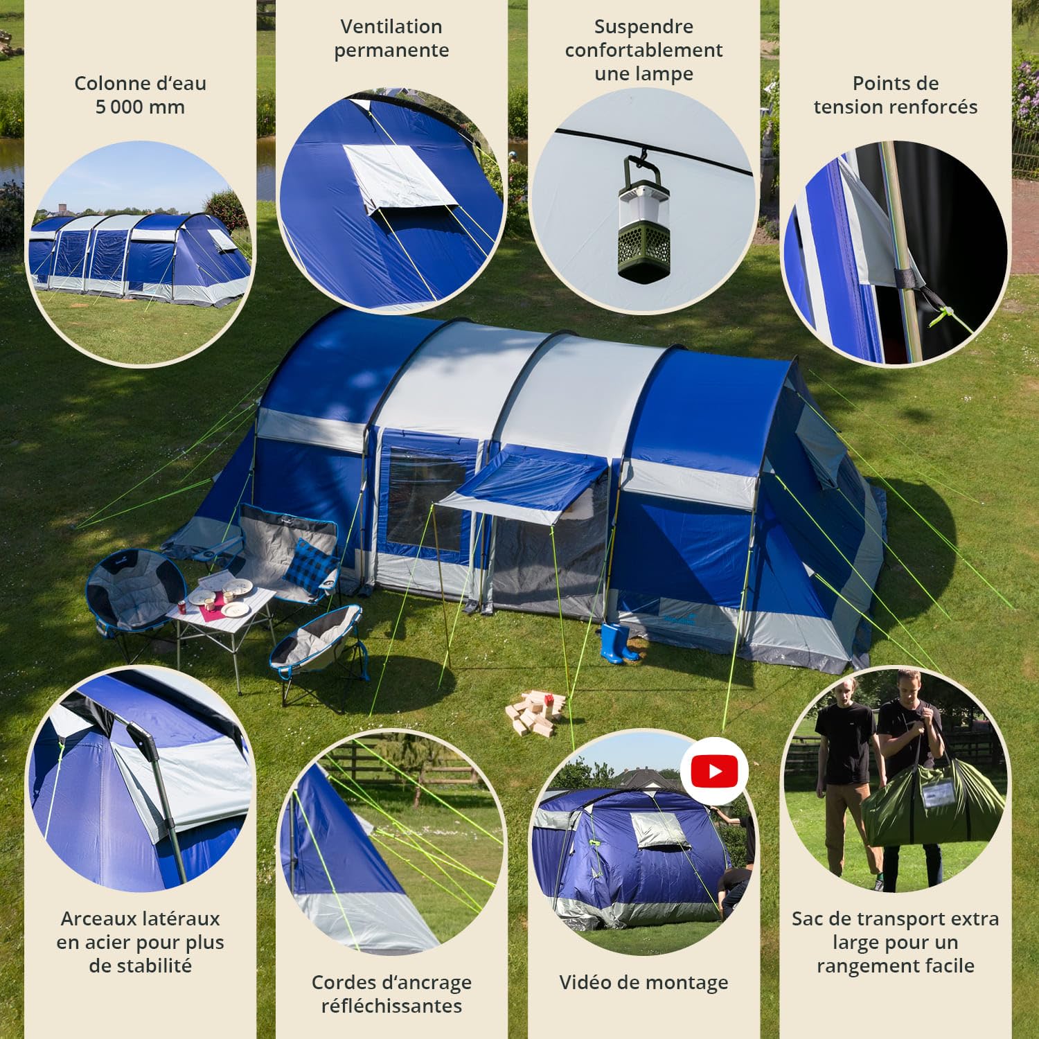 Skandika Tente Tunnel Montana 8 Personnes | Tente de Camping avec/sans Tapis de Sol Cousu, avec/sans Technologie Sleeper, 3-4 cabines de Couchage, 5000 mm (Bleu | Sleeper)